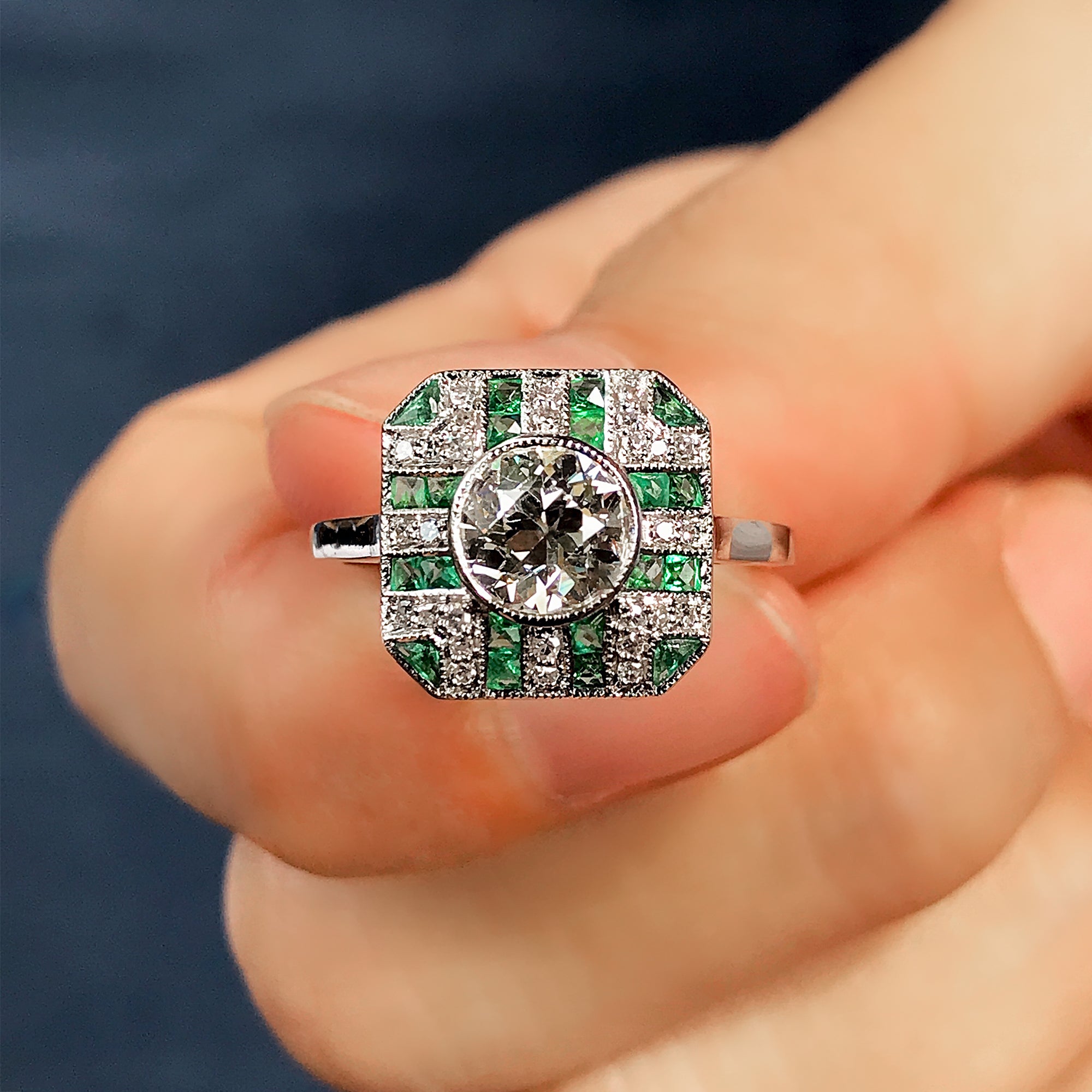 GIA Round Diamond & Green Emerald Art Deco Style Engagement 18K White Gold Ring