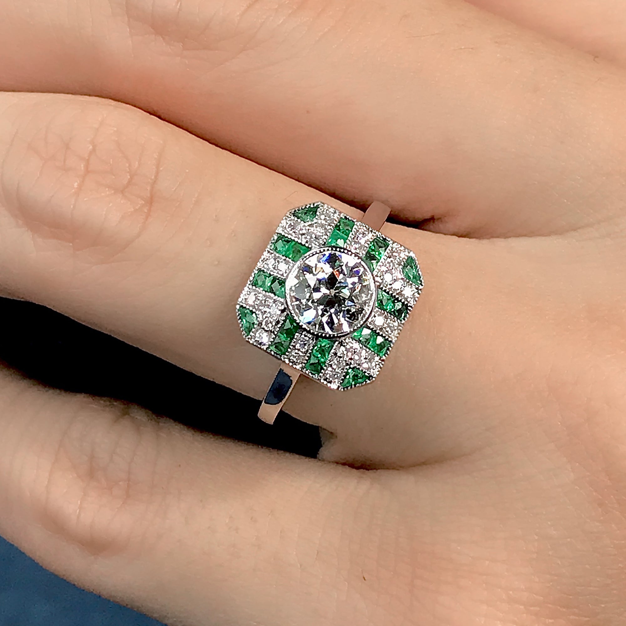 GIA Round Diamond & Green Emerald Art Deco Style Engagement 18K White Gold Ring