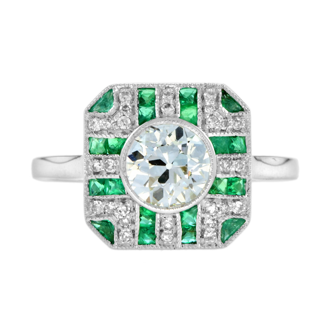 GIA Round Diamond & Green Emerald Art Deco Style Engagement 18K White Gold Ring