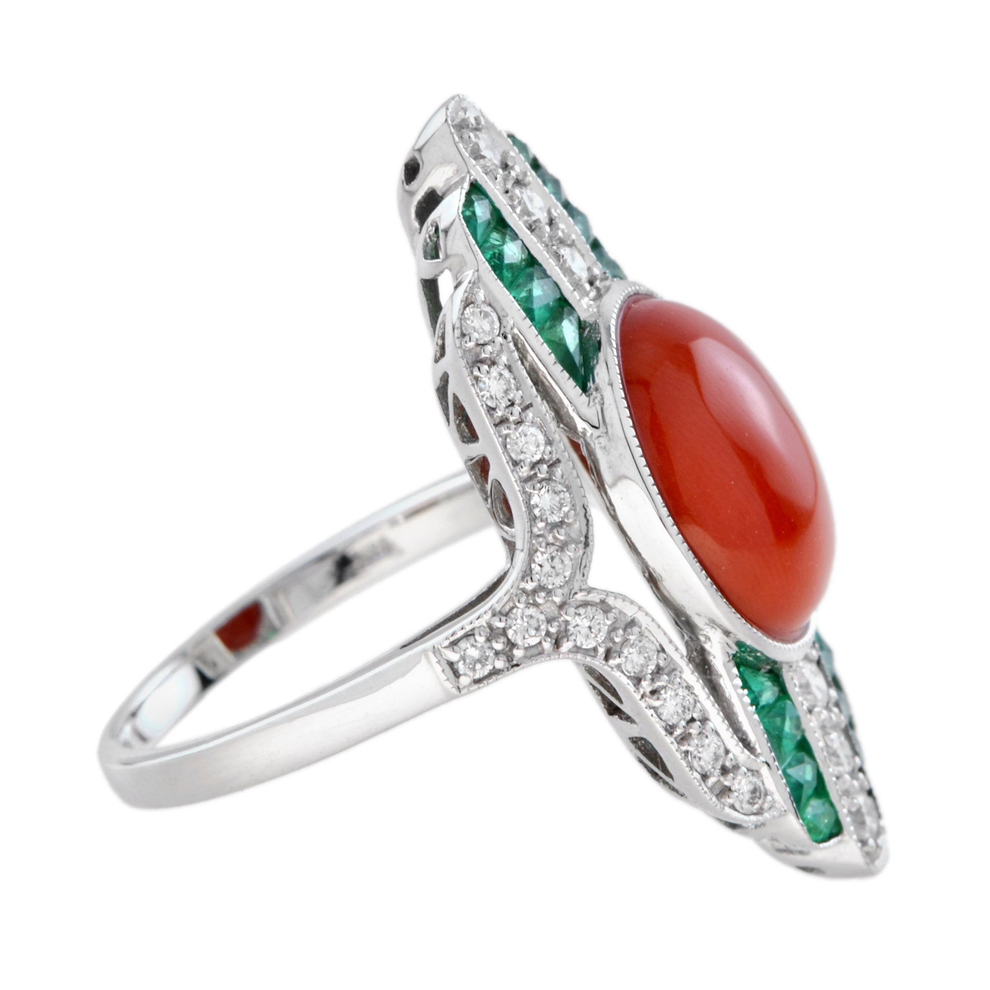 Orange Red Coral Diamond & Green Emerald Art Deco Style White Gold Ring