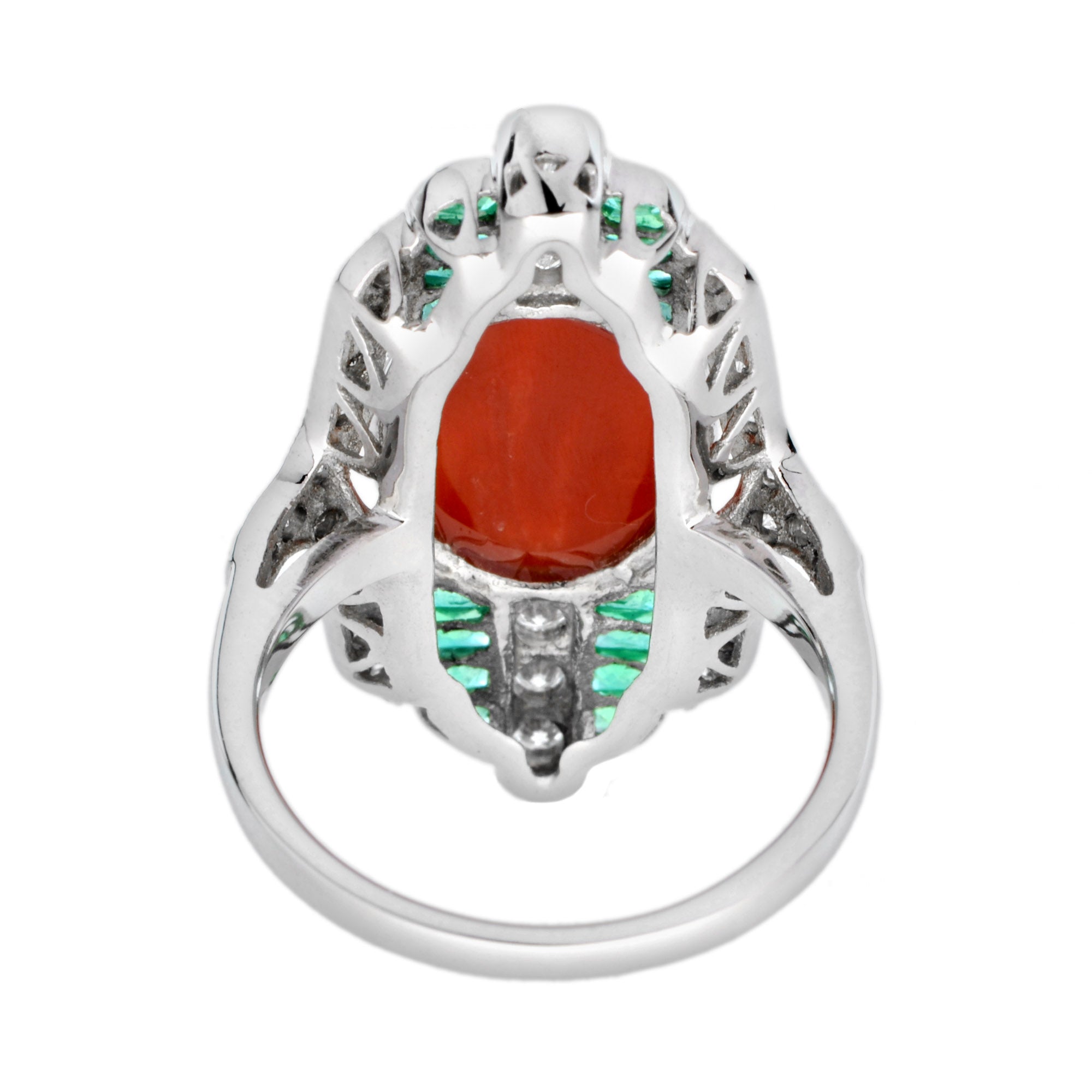 Orange Red Coral Diamond & Green Emerald Art Deco Style White Gold Ring