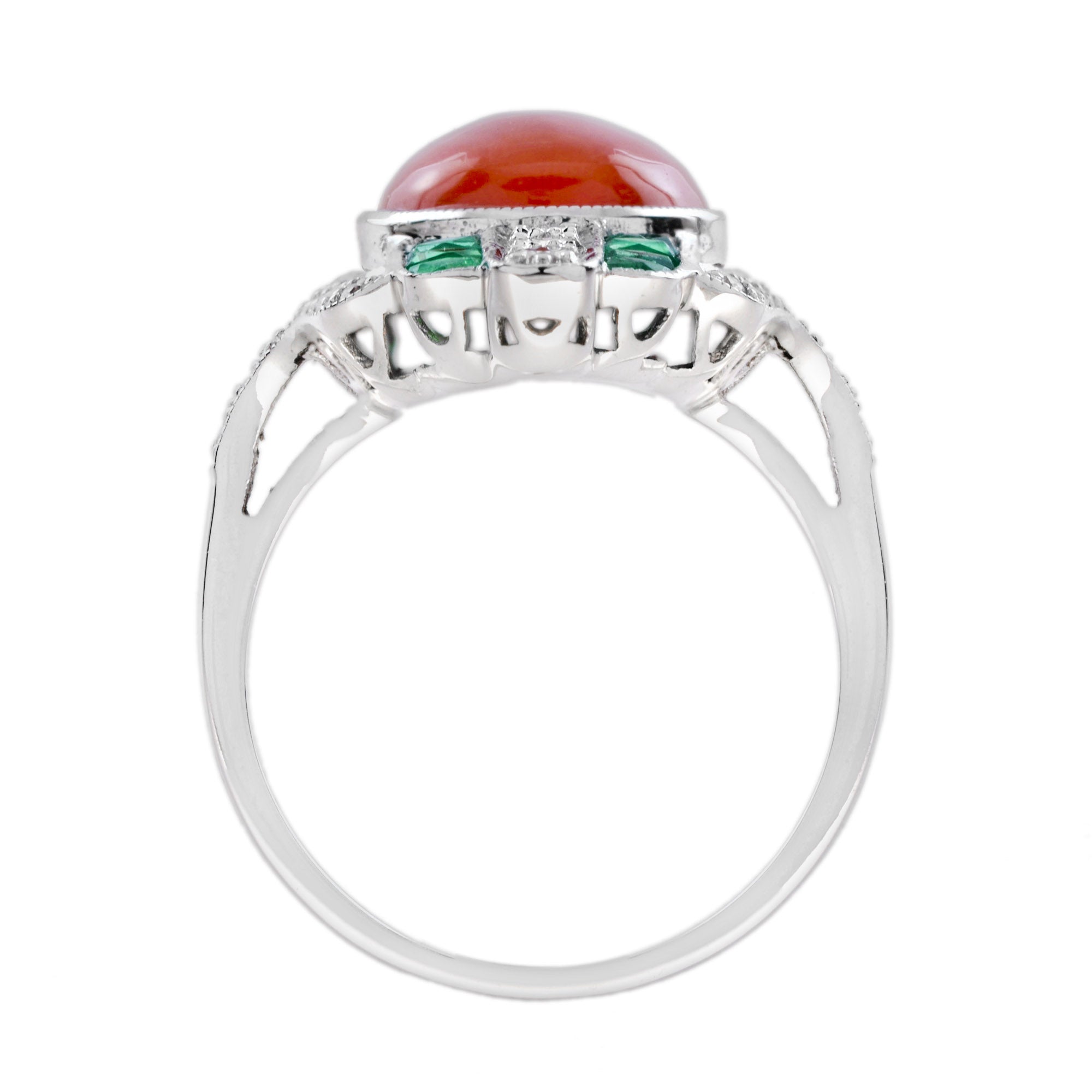 Orange Red Coral Diamond & Green Emerald Art Deco Style White Gold Ring