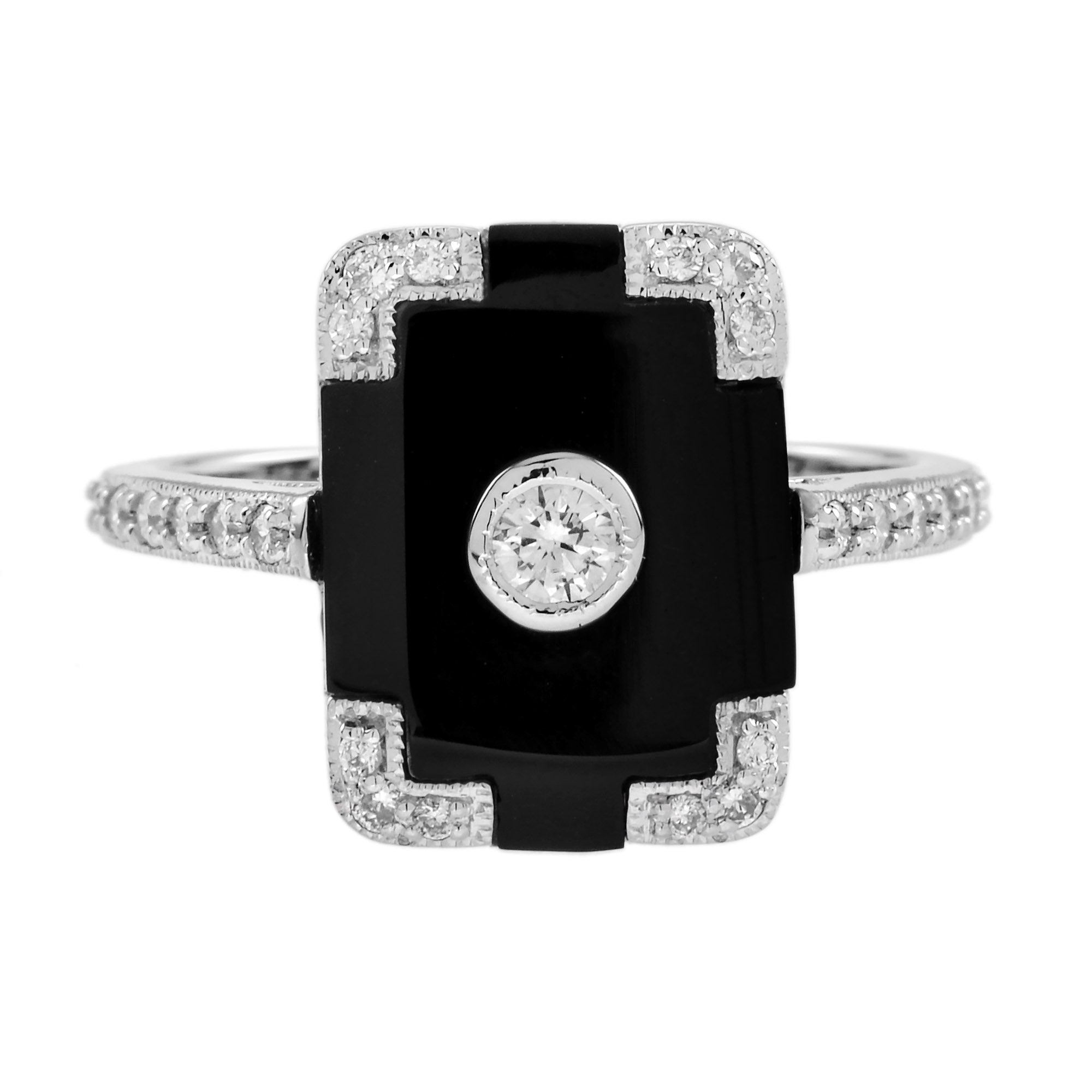 Diamond & Black Onyx Vintage Inspired Art Deco Style White Gold Ring