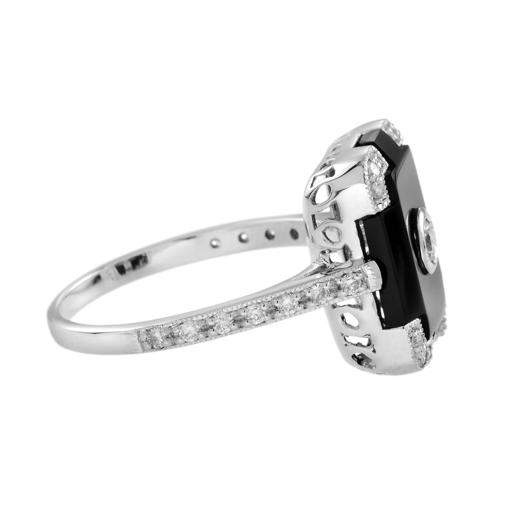 Diamond & Black Onyx Vintage Inspired Art Deco Style White Gold Ring