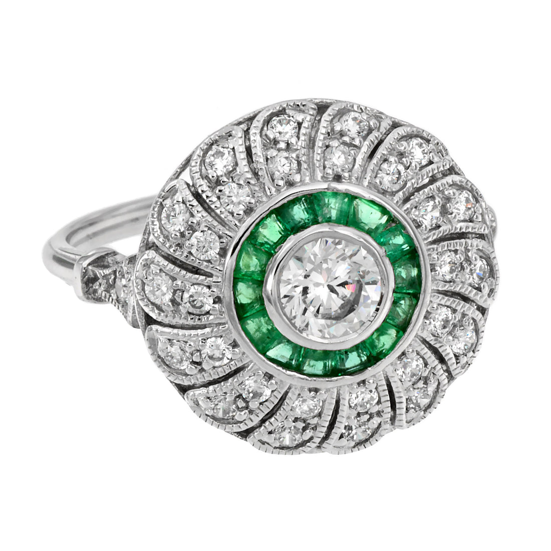 Diamond & Green Emerald Art Deco Style Strand Milgrain 18K White Gold Ring