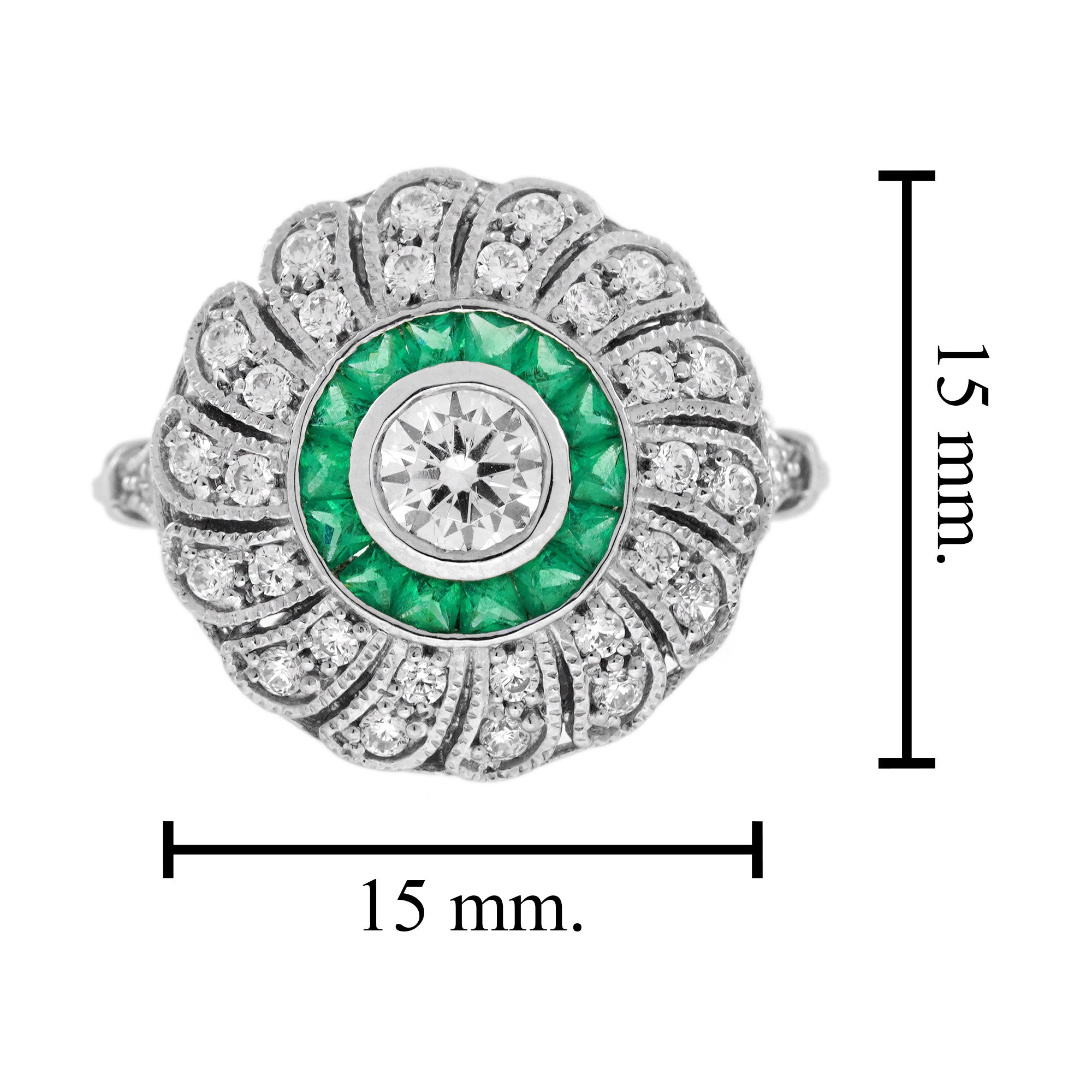Diamond & Green Emerald Art Deco Style Strand Milgrain 18K White Gold Ring