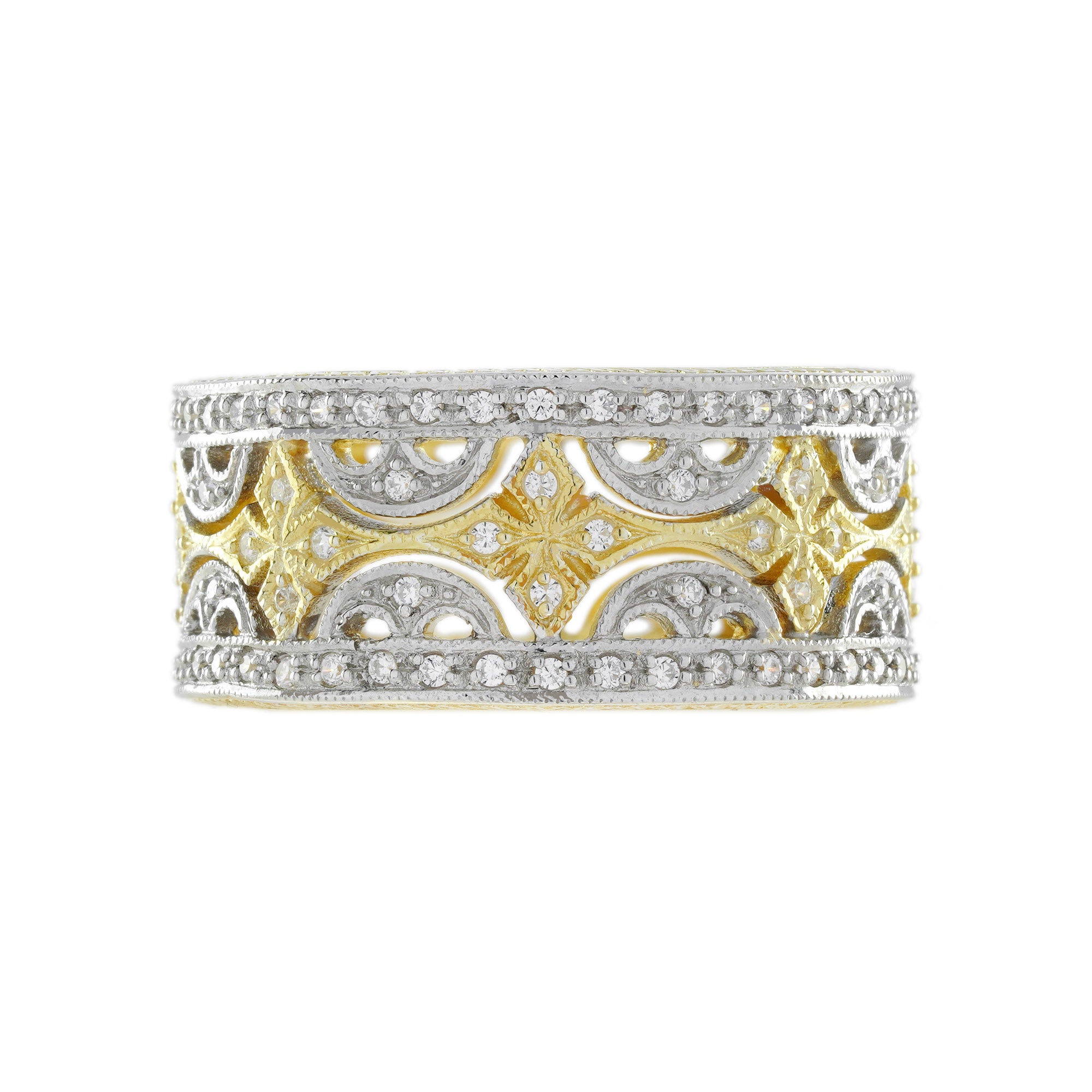Diamond Floral Wide Wedding Stackable Band 18K White Two Tone Gold Ring