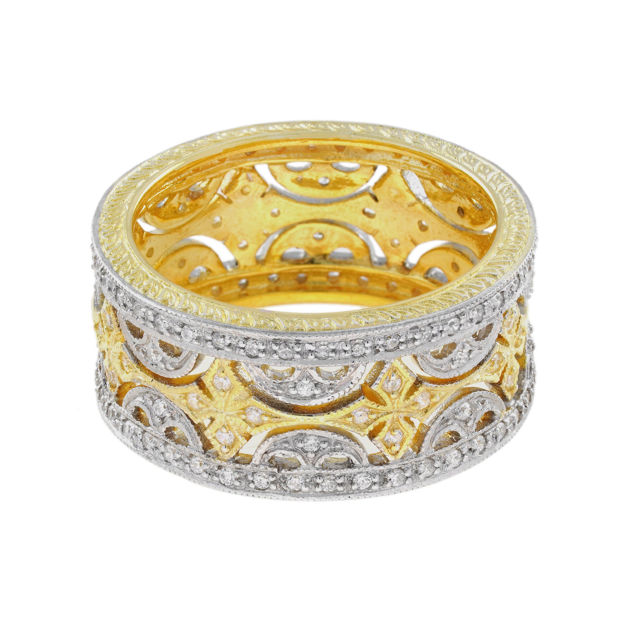 Diamond Floral Wide Wedding Stackable Band 18K White Two Tone Gold Ring