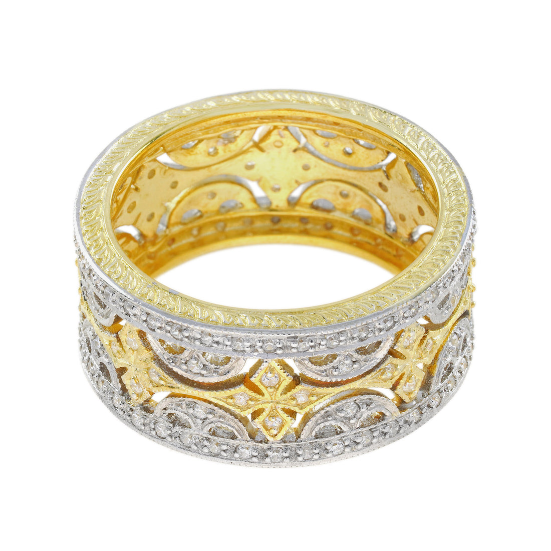 Diamond Floral Wide Wedding Stackable Band 18K White Two Tone Gold Ring