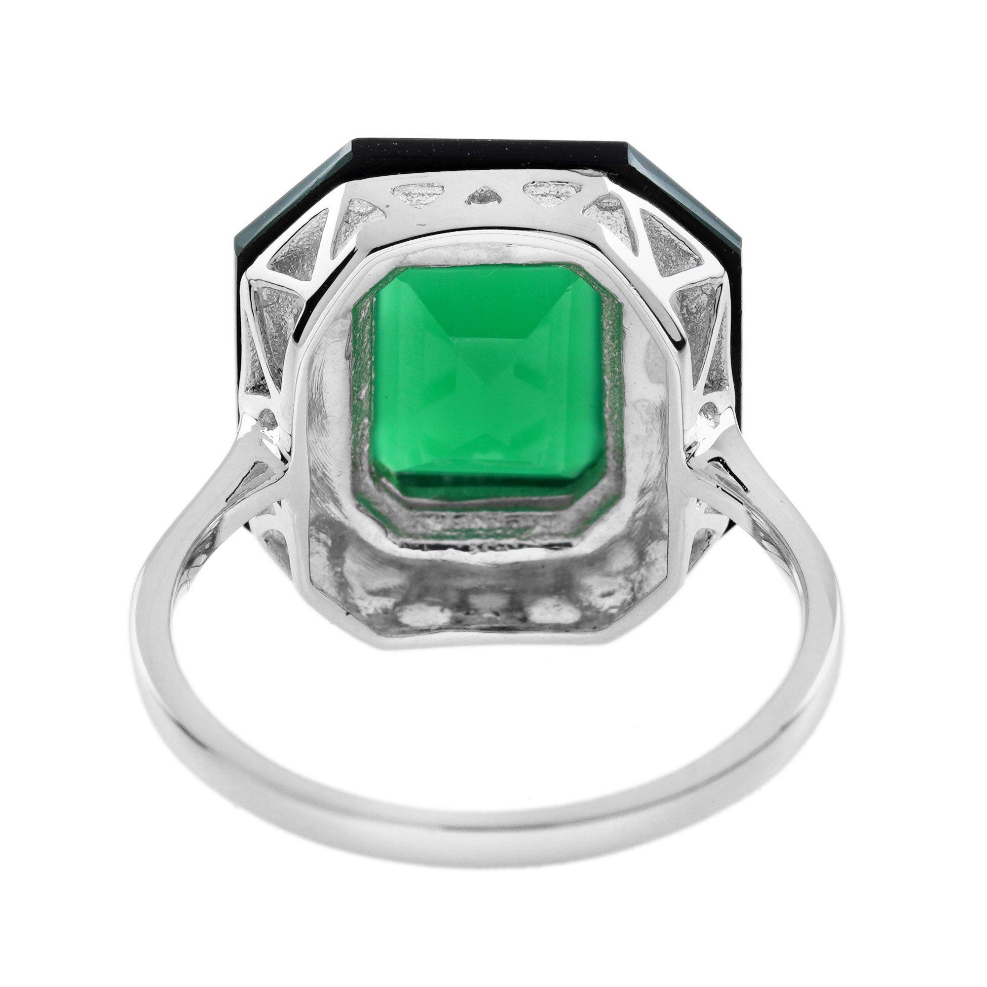 Green Agate & Black Onyx Art Deco Style Hexagon Cocktail White Gold Ring
