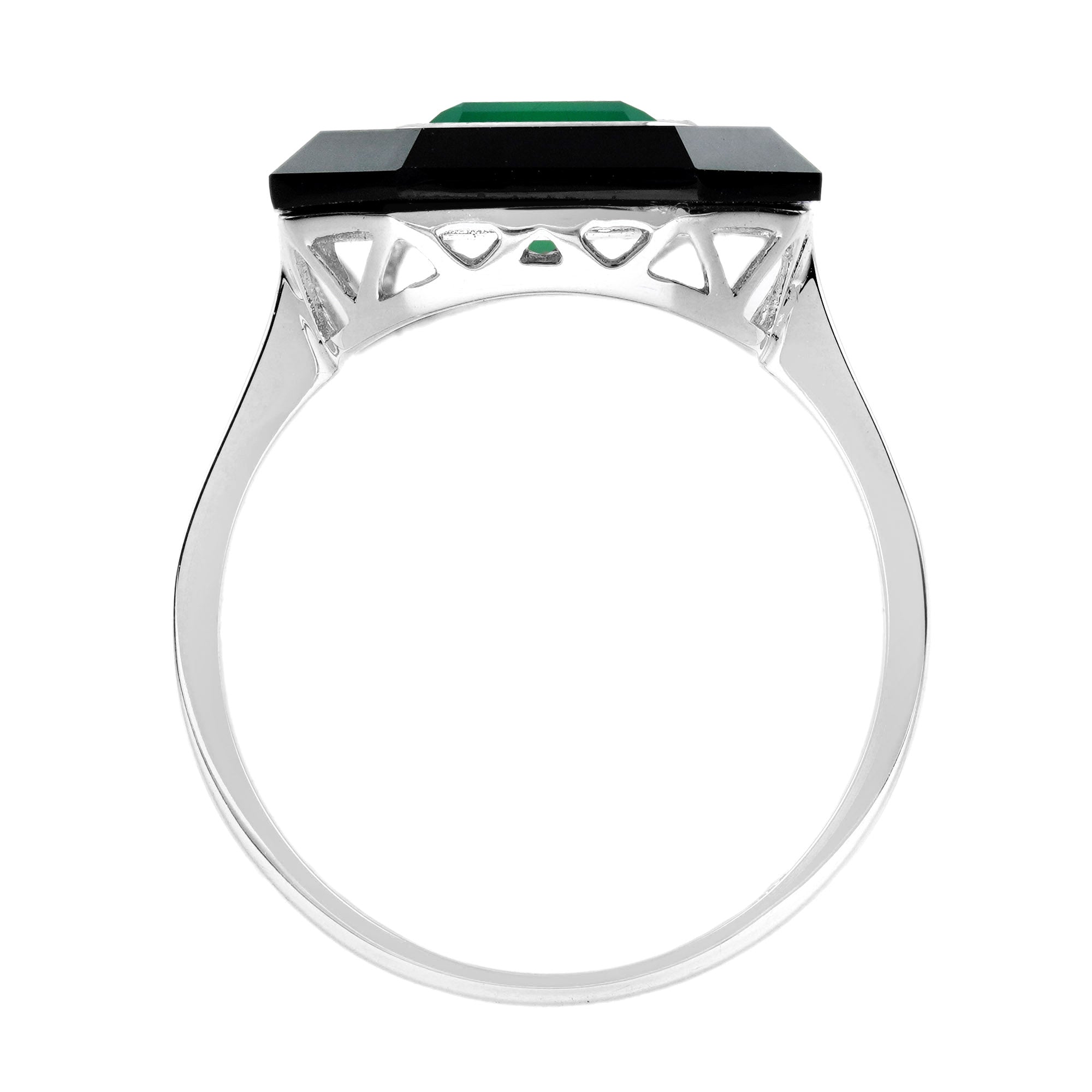 Green Agate & Black Onyx Art Deco Style Hexagon Cocktail White Gold Ring