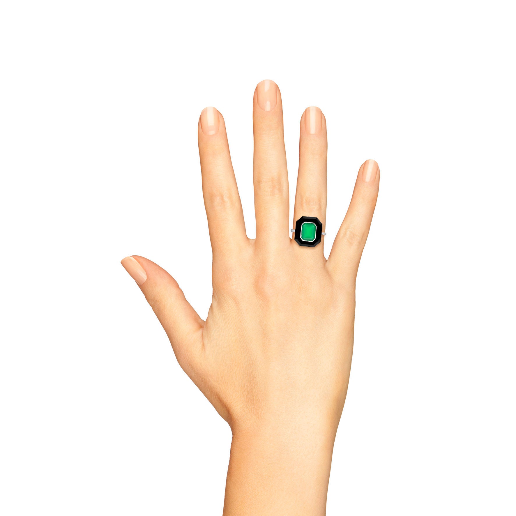 Green Agate & Black Onyx Art Deco Style Hexagon Cocktail White Gold Ring