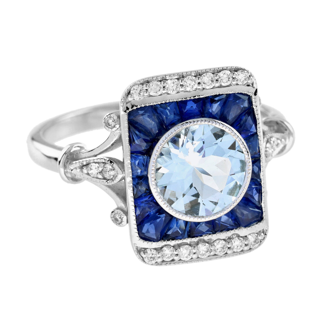 Round Blue Aquamarine Blue Sapphire Diamond Vintage Style White Gold Ring