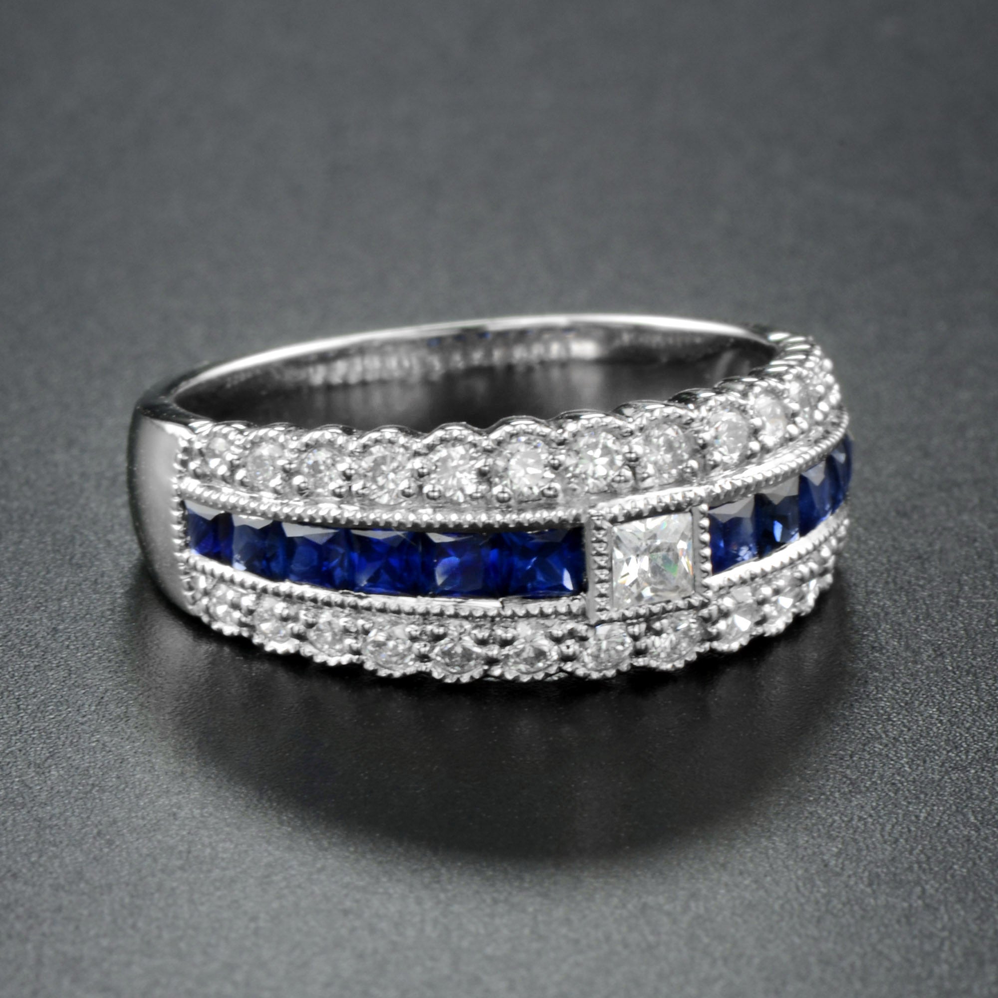 Art Deco Style Diamond & Blue Sapphire Multiple Row Eternity 14K White Gold Ring