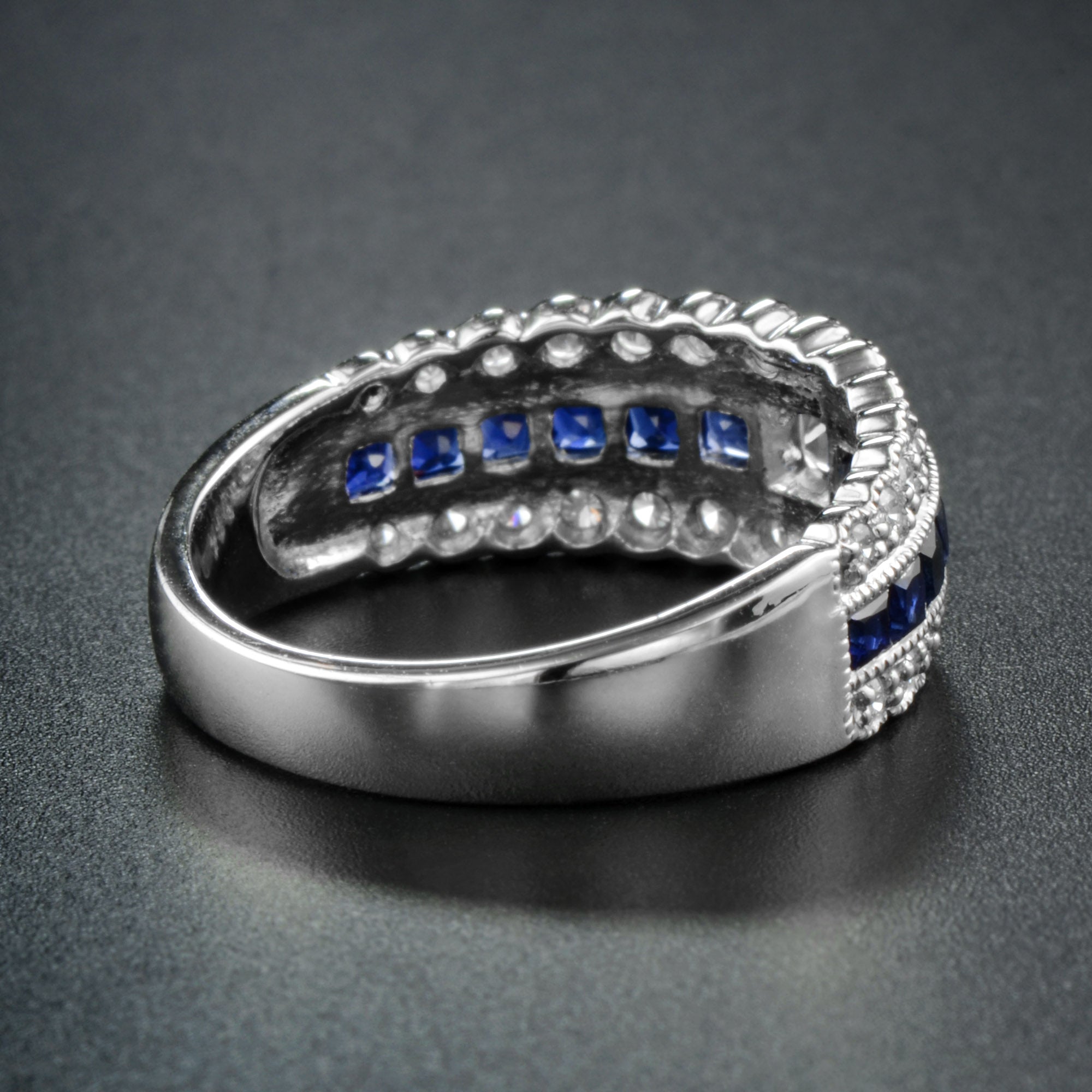 Art Deco Style Diamond & Blue Sapphire Multiple Row Eternity 14K White Gold Ring