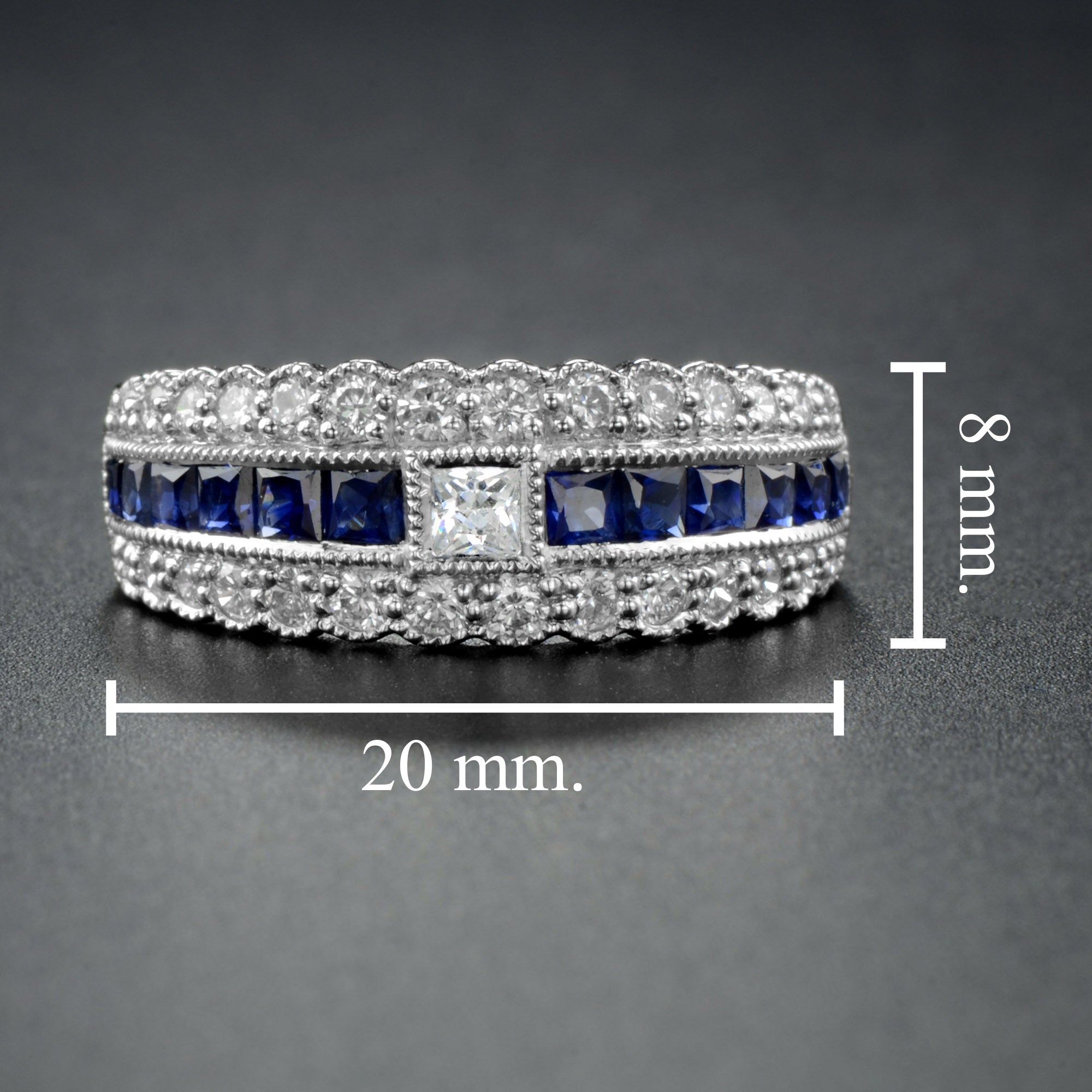 Art Deco Style Diamond & Blue Sapphire Multiple Row Eternity 14K White Gold Ring