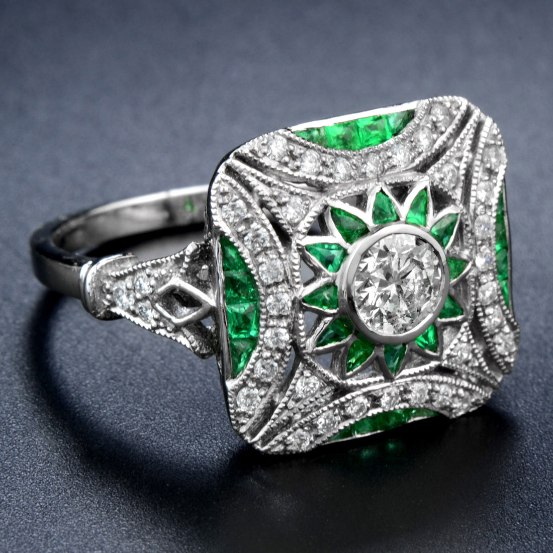 Diamond & Green Emerald Art Deco Style Engagement White Platinum Ring