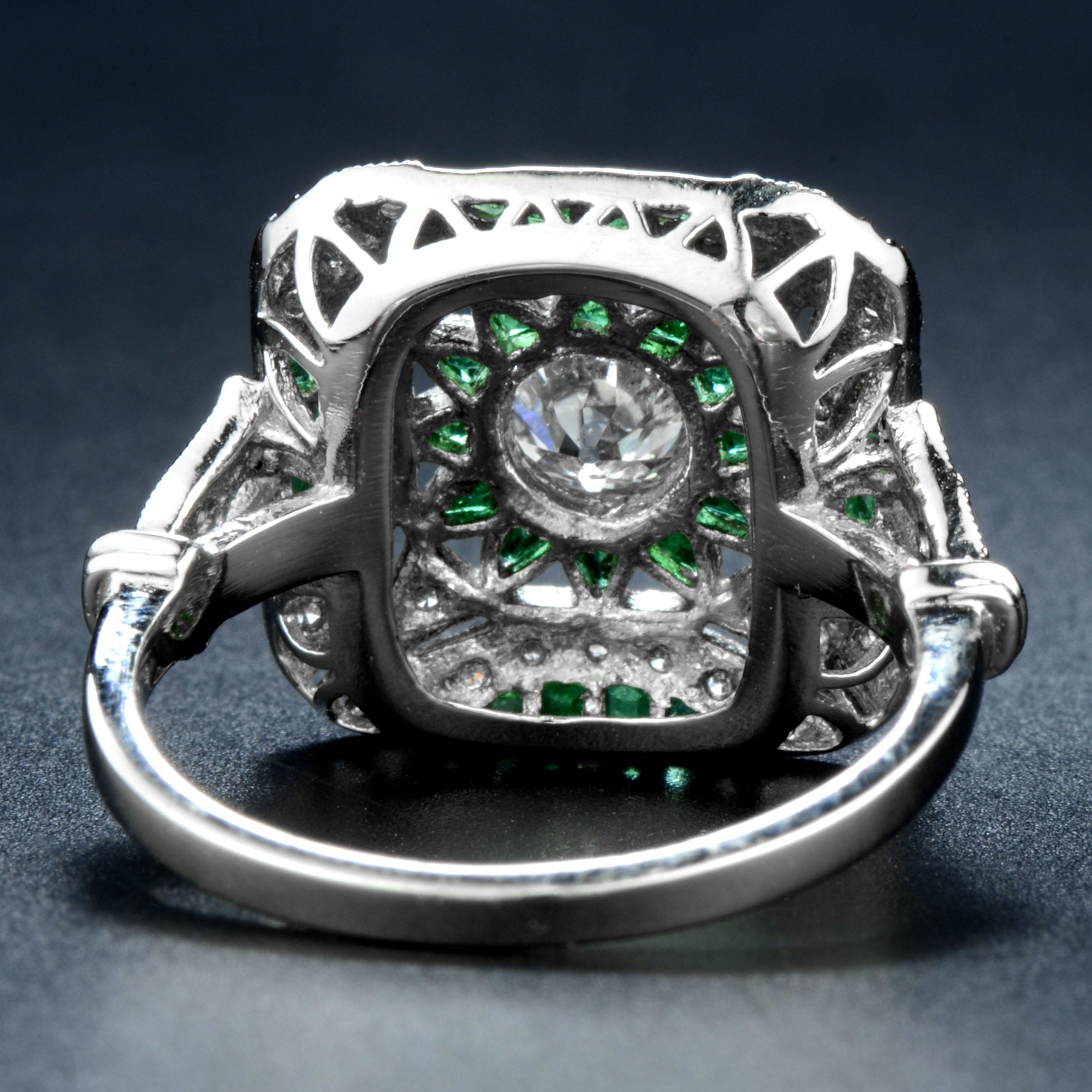 Diamond & Green Emerald Art Deco Style Engagement White Platinum Ring