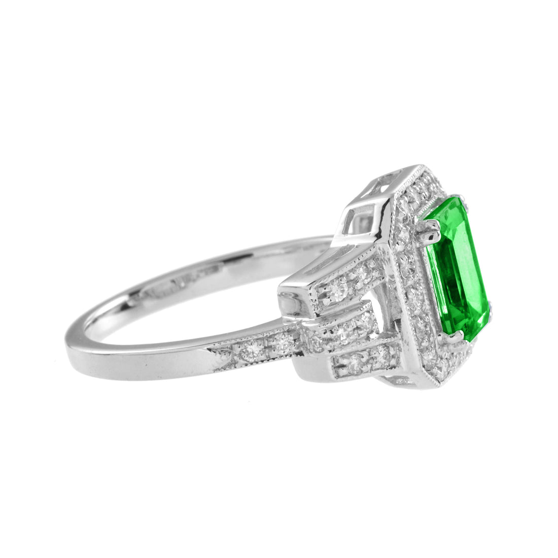 Radiant Shape Green Tsavorite & Diamond Art Deco Style Halo 18K White Gold Ring