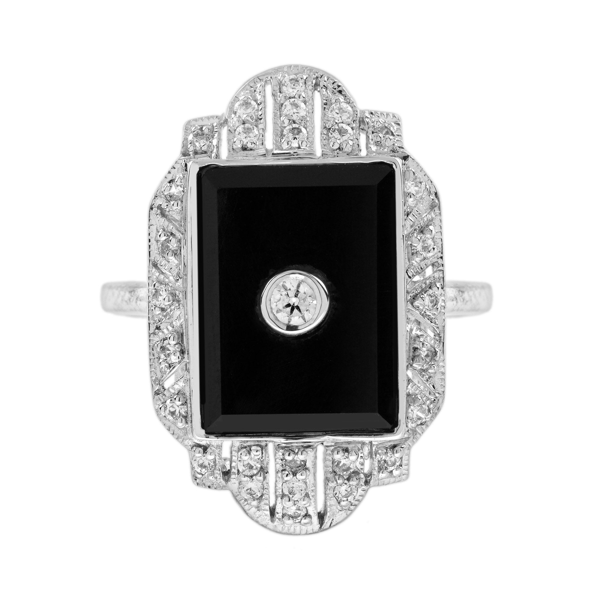 Diamond & Black Onyx Art Deco Style Dinner 14K White Gold Ring