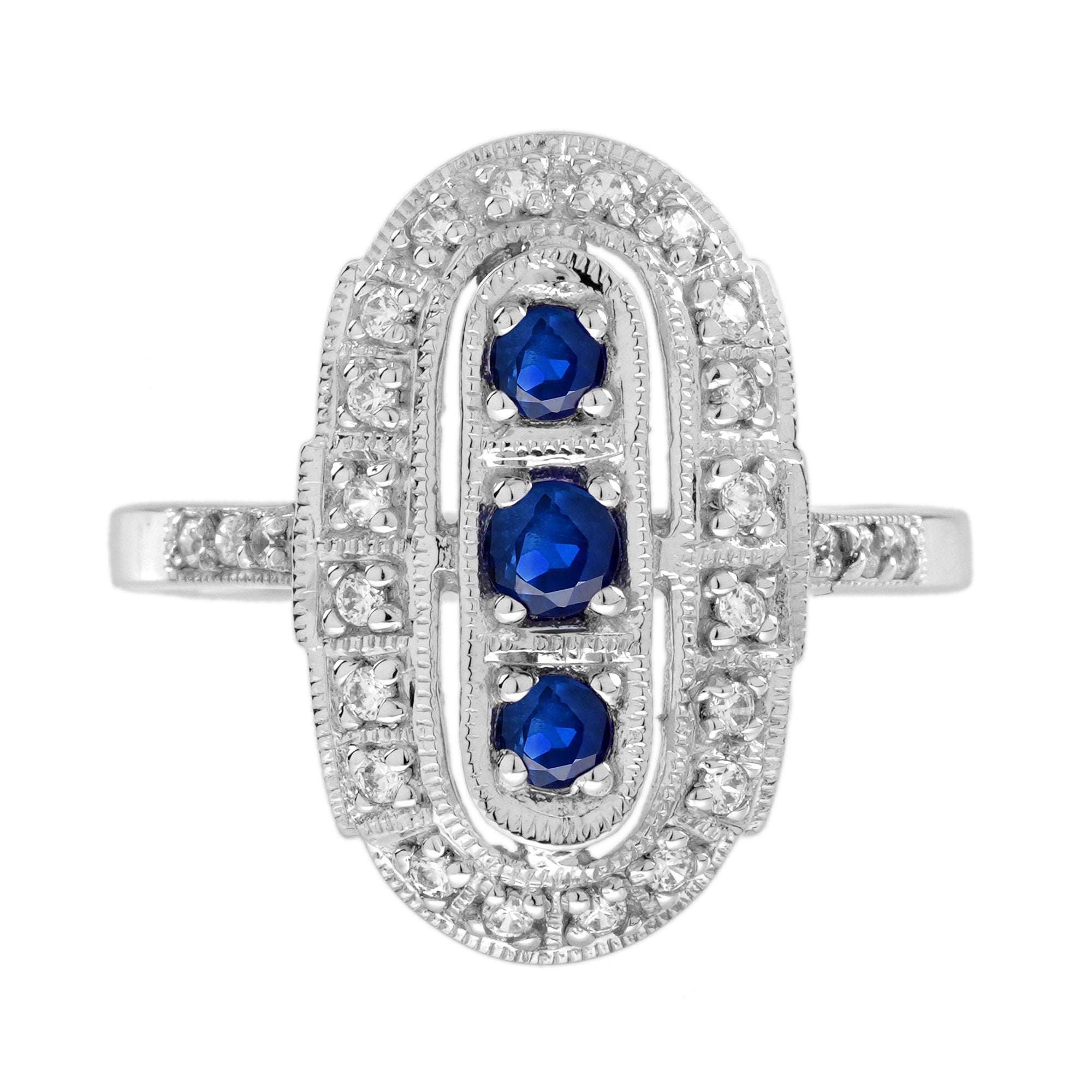 Blue Sapphire & Diamond Art Deco Style Three Stone Vintage Inspired Ring