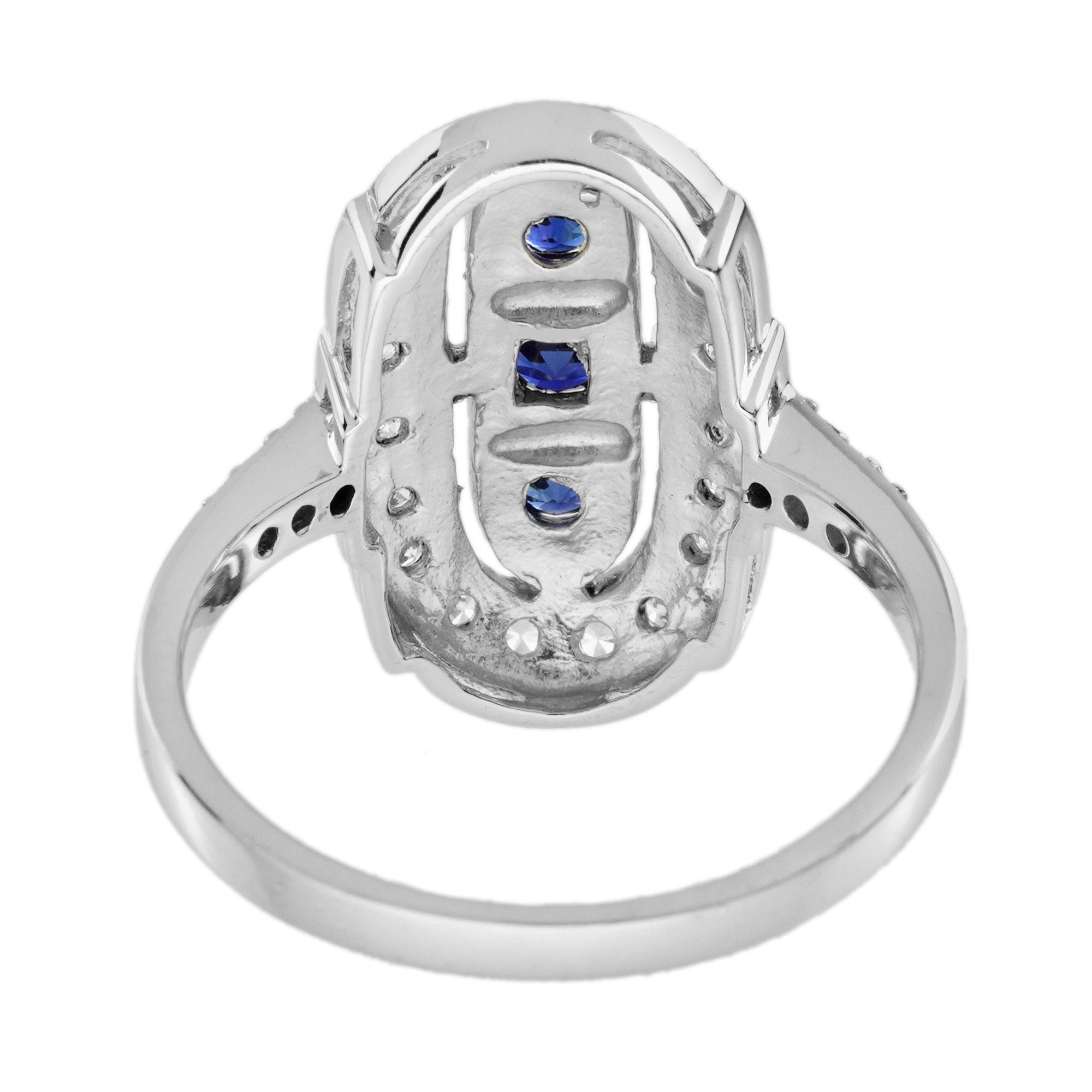 Blue Sapphire & Diamond Art Deco Style Three Stone Vintage Inspired Ring
