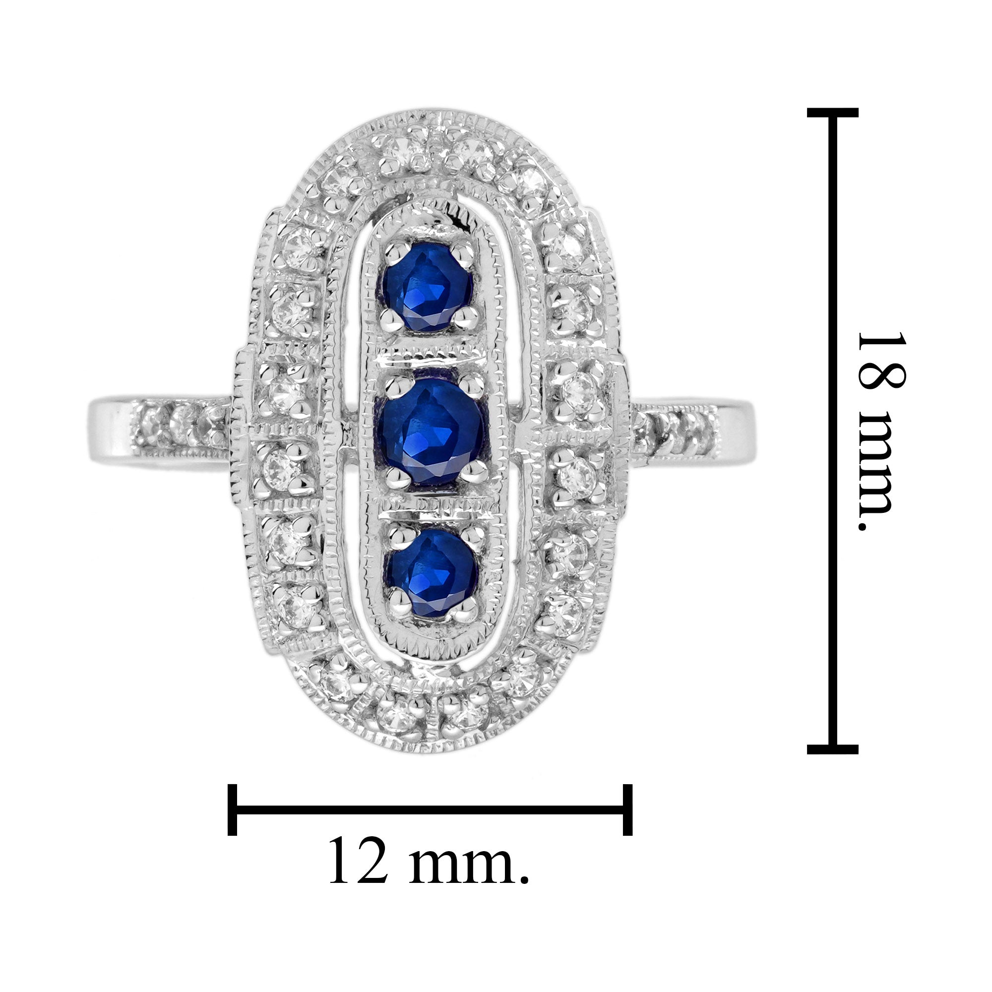 Blue Sapphire & Diamond Art Deco Style Three Stone Vintage Inspired Ring