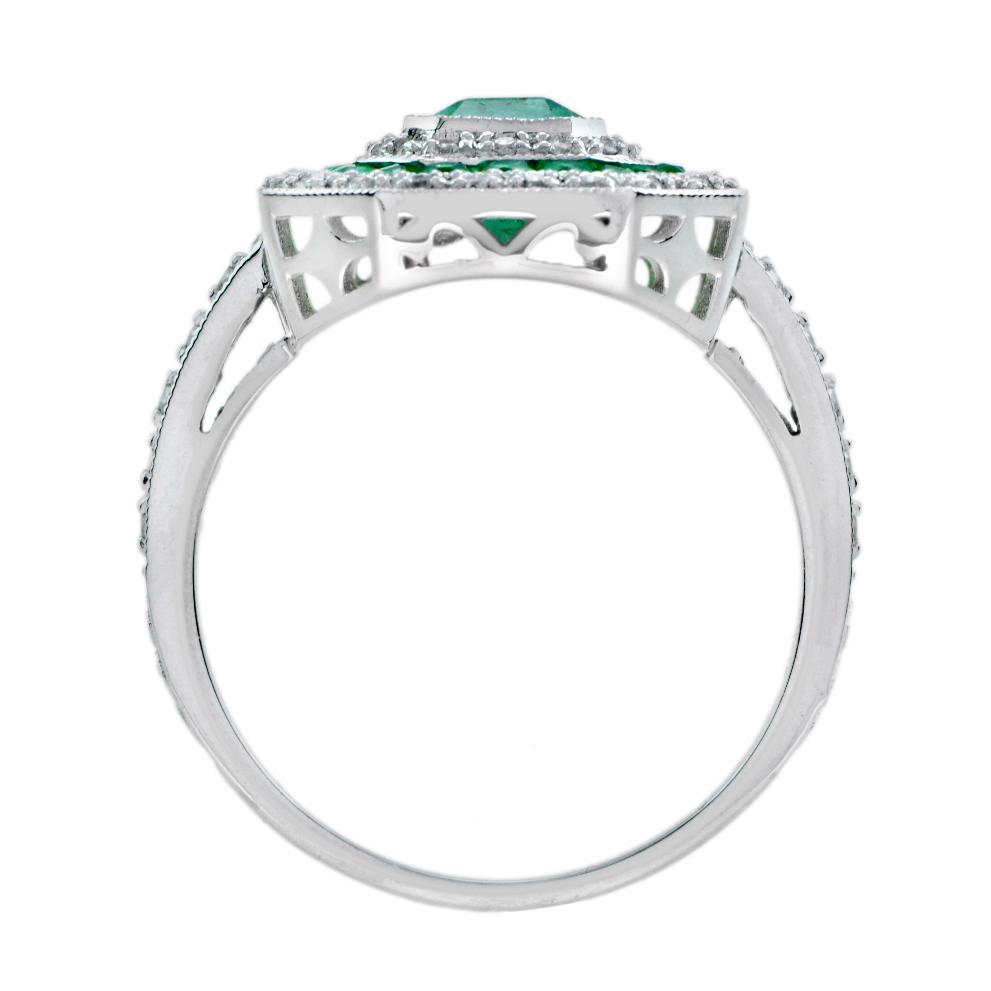 Green Emerald & Diamond Art Deco Style Double Halo Set Engagement Gold Ring