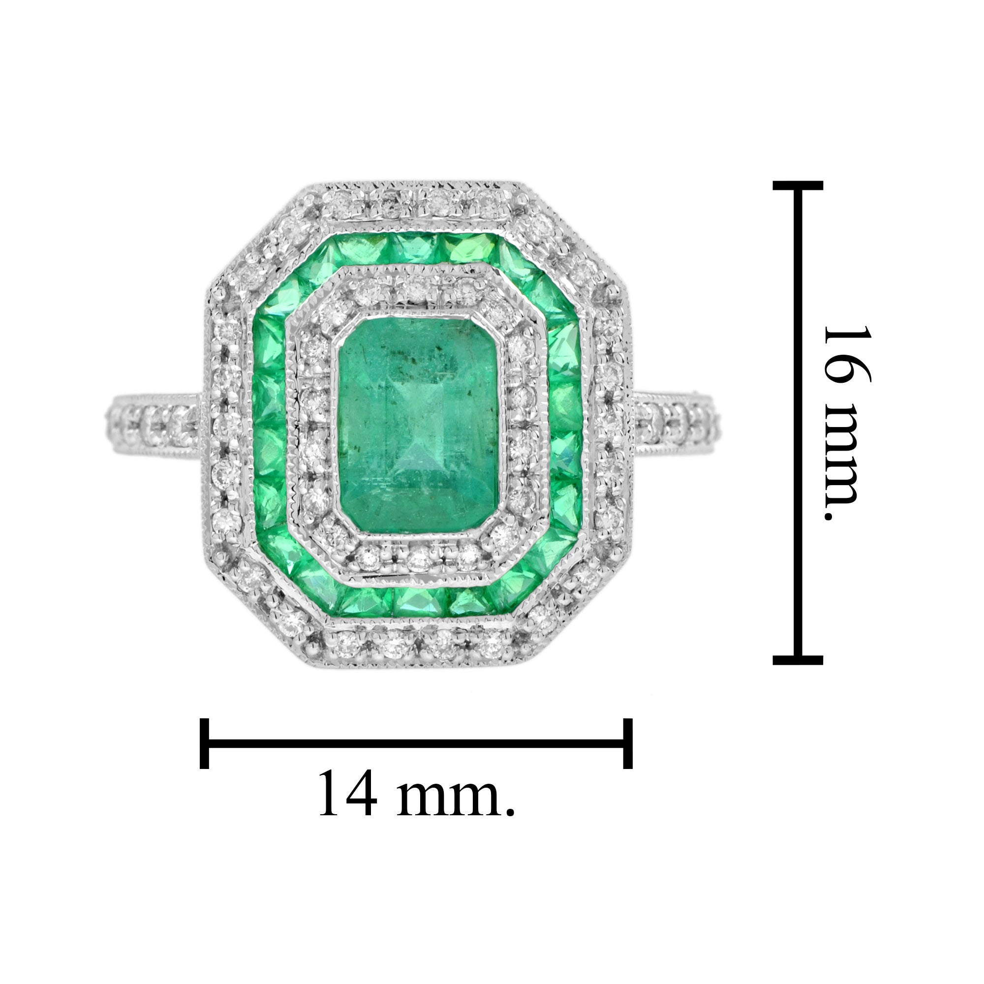 Green Emerald & Diamond Art Deco Style Double Halo Set Engagement Gold Ring