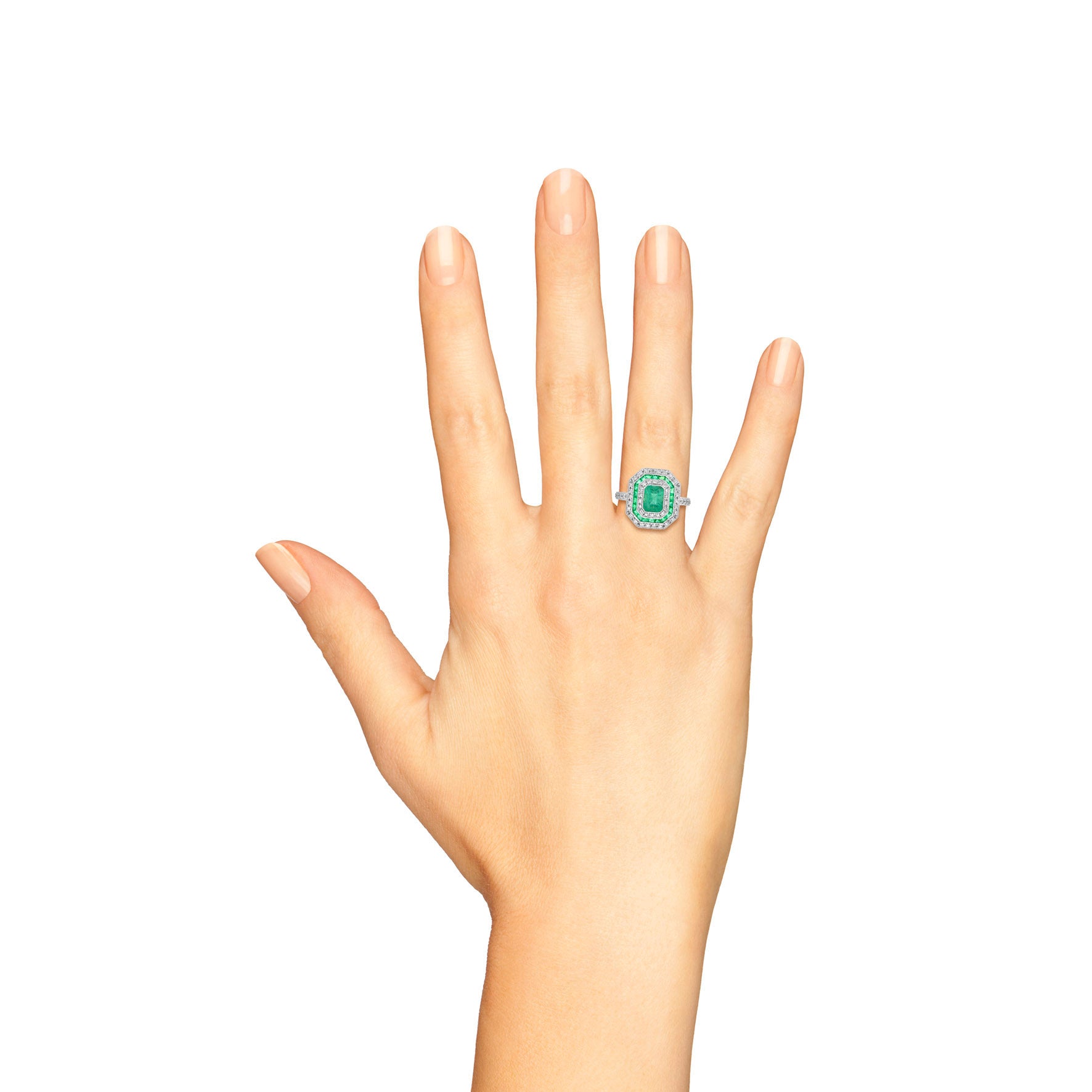 Green Emerald & Diamond Art Deco Style Double Halo Set Engagement Gold Ring