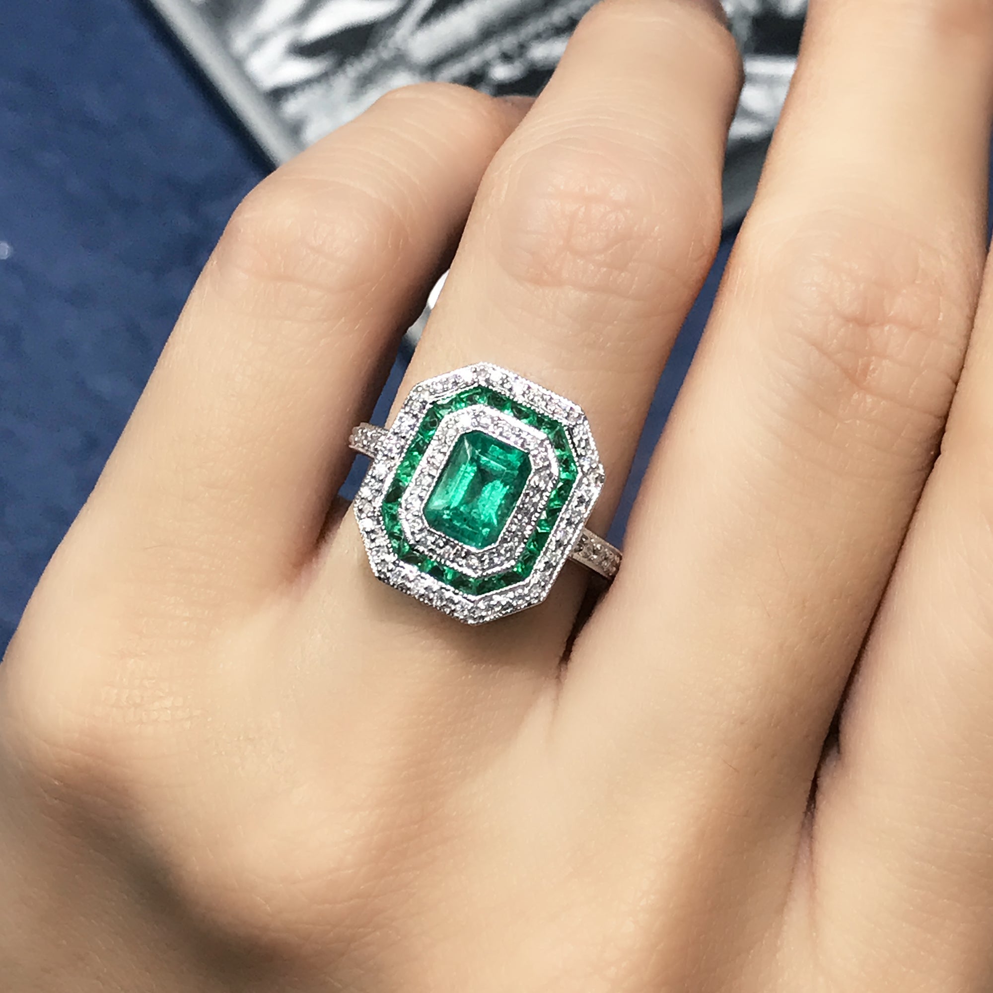 Green Emerald & Diamond Art Deco Style Double Halo Set Engagement Gold Ring