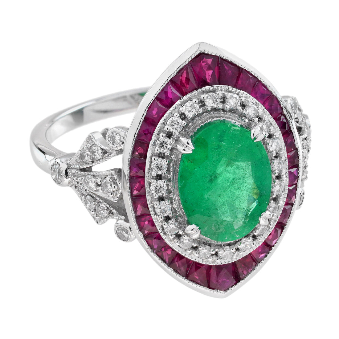 Oval Emerald Ruby & Diamond Art Deco Style Floral 18K White Gold Halo Ring