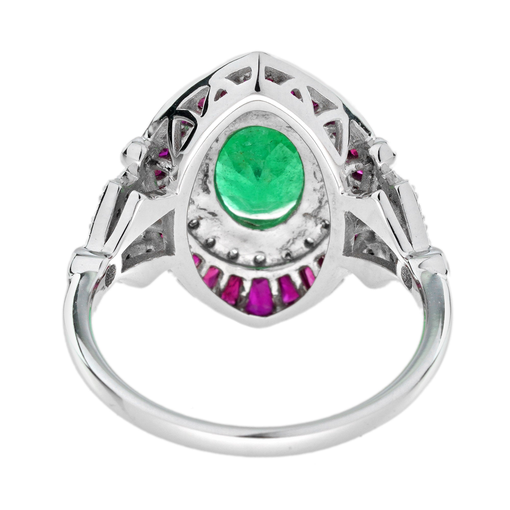 Oval Emerald Ruby & Diamond Art Deco Style Floral 18K White Gold Halo Ring