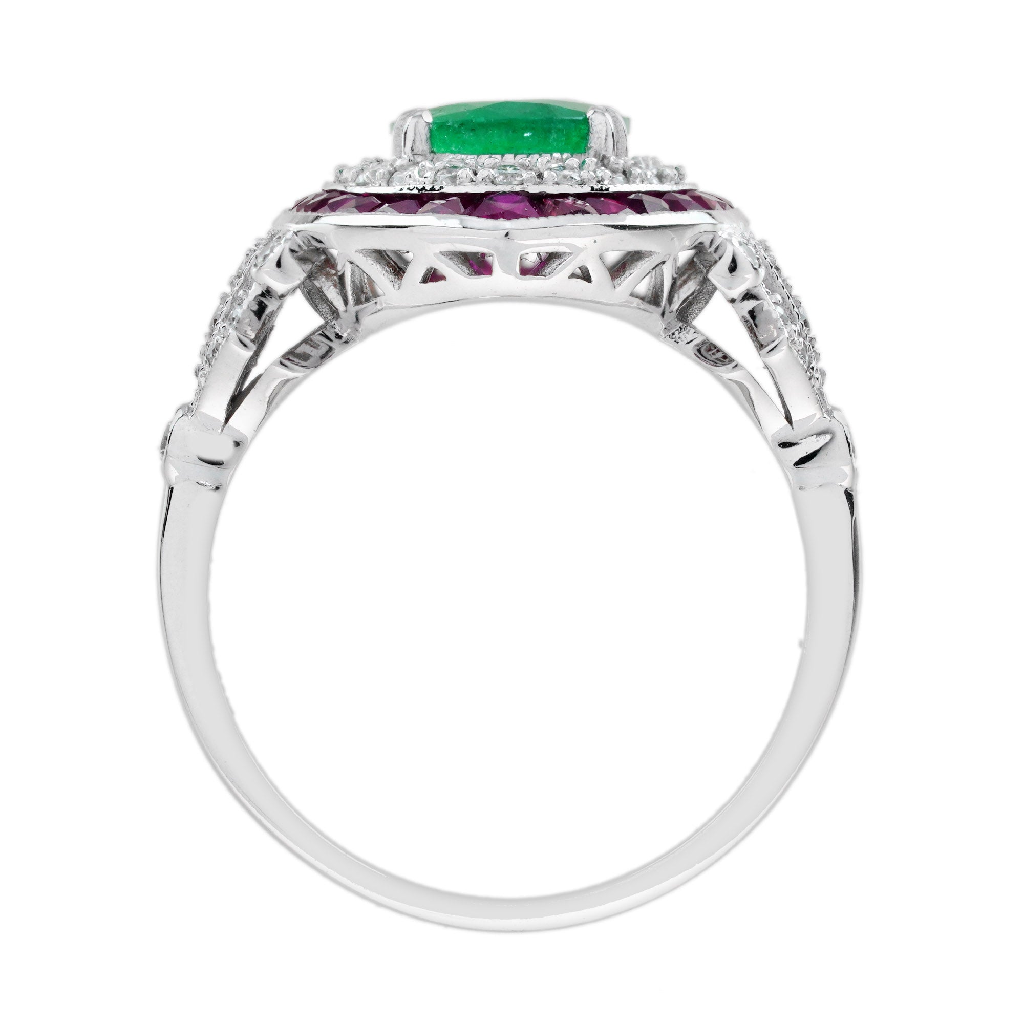 Oval Emerald Ruby & Diamond Art Deco Style Floral 18K White Gold Halo Ring