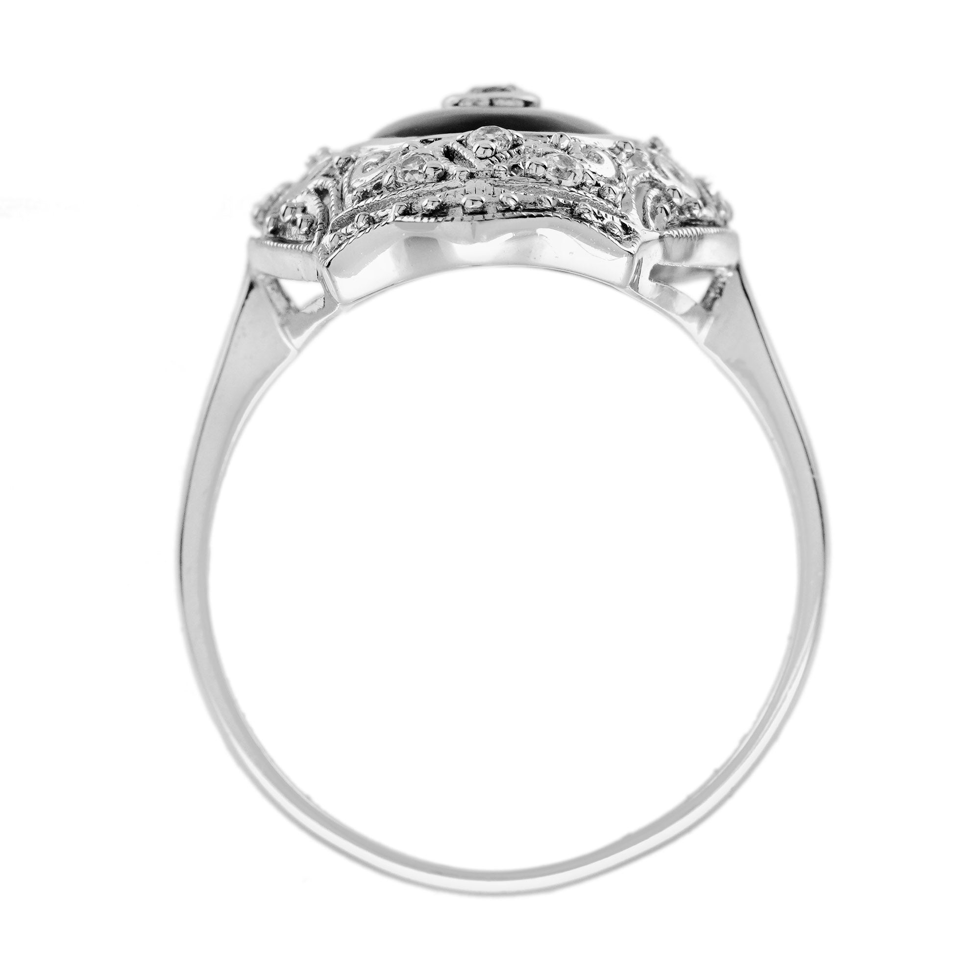 Diamond & Black Onyx Edwardian Inspired Style Dinner 14K White Gold Ring