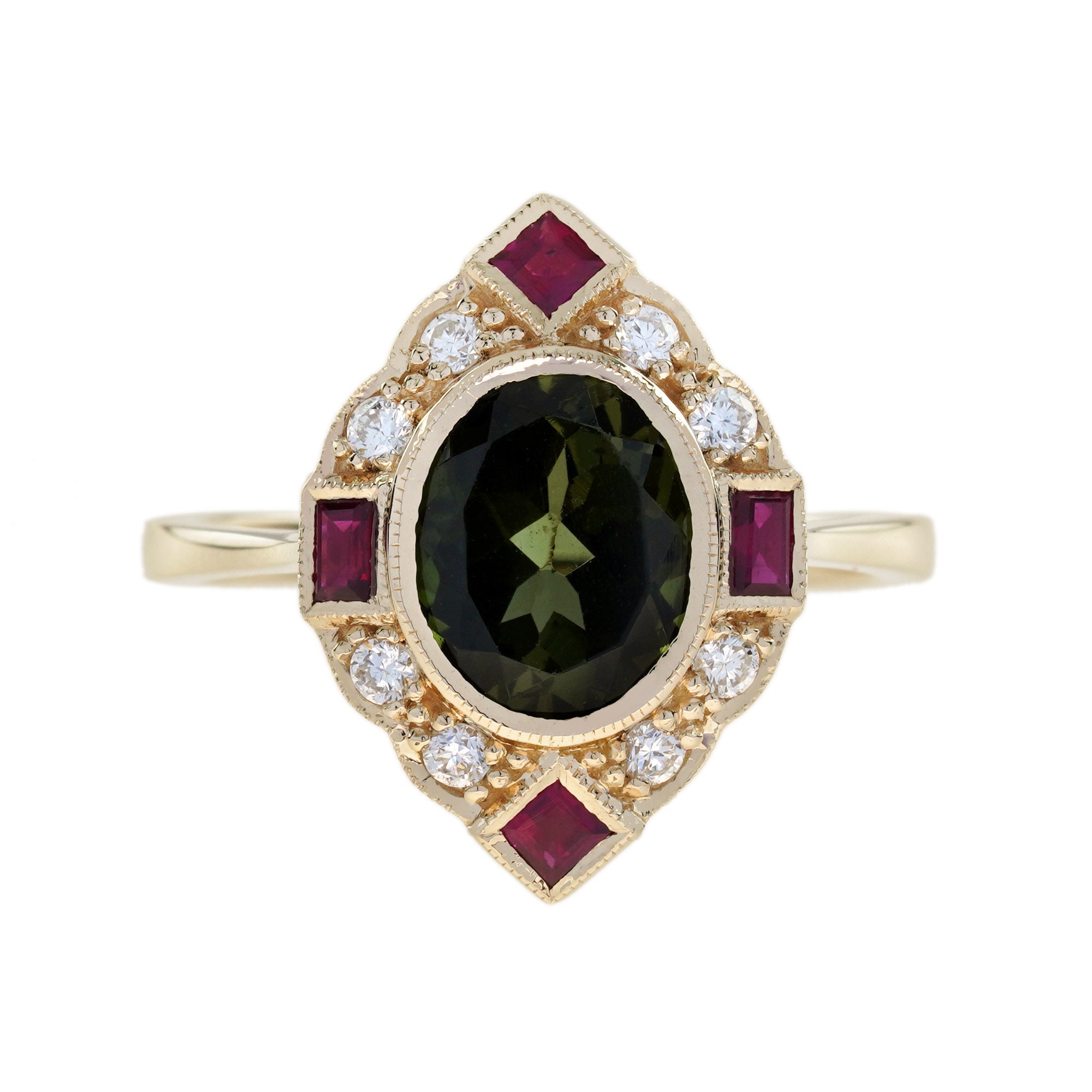 Green Tourmaline Ruby & Diamond Art Deco Style Halo 14K Yellow Gold Ring