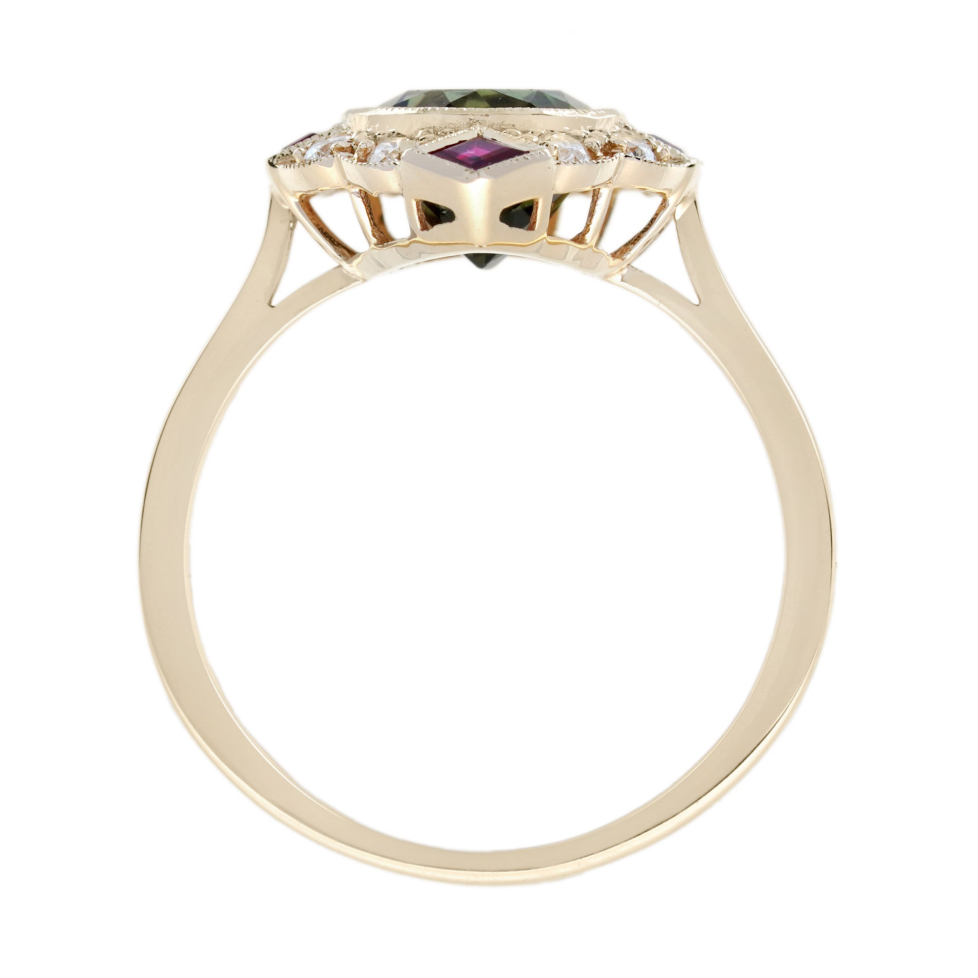 Green Tourmaline Ruby & Diamond Art Deco Style Halo 14K Yellow Gold Ring