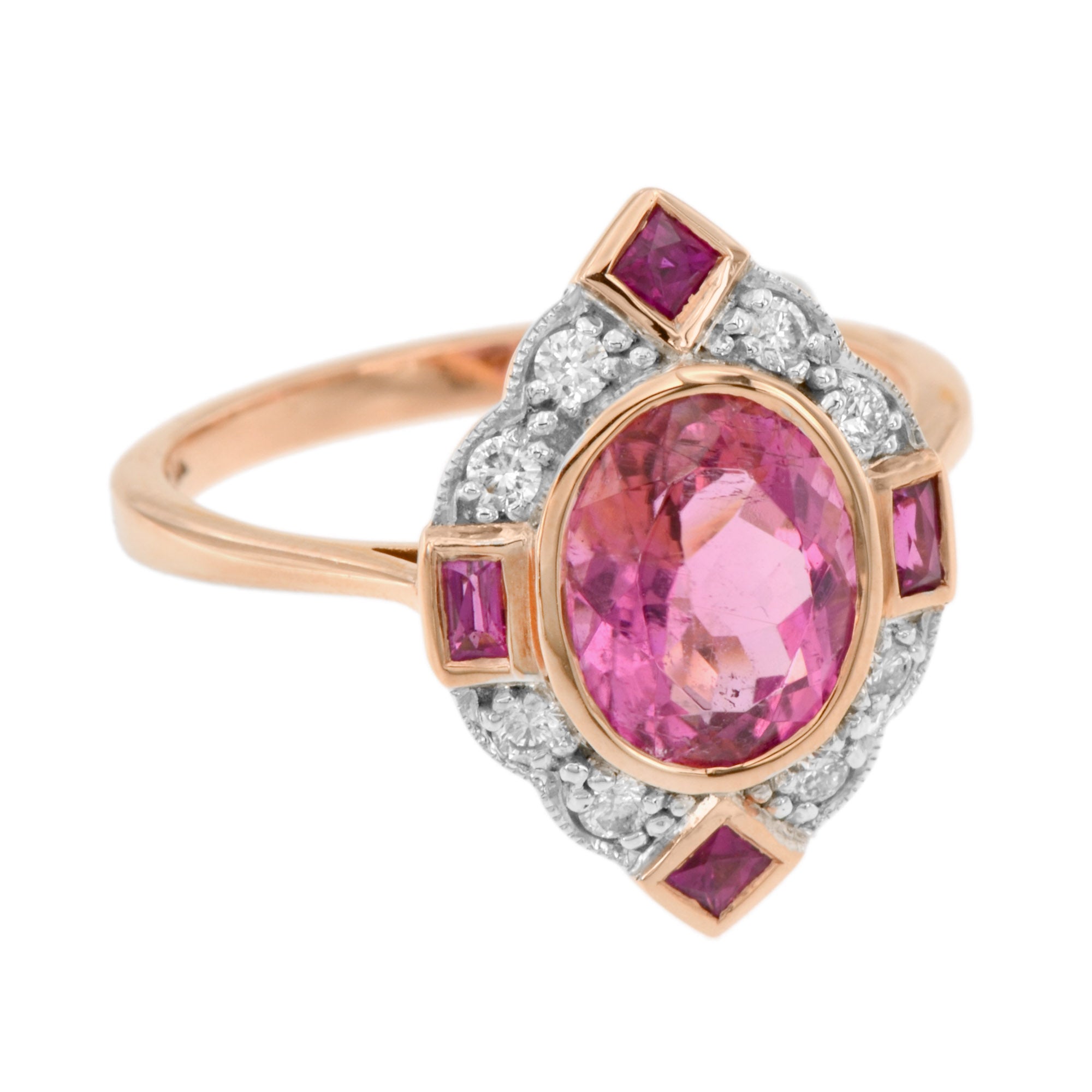 Oval Pink Tourmaline & Ruby Diamond Vintage Inspired 14K Rose White Gold Ring
