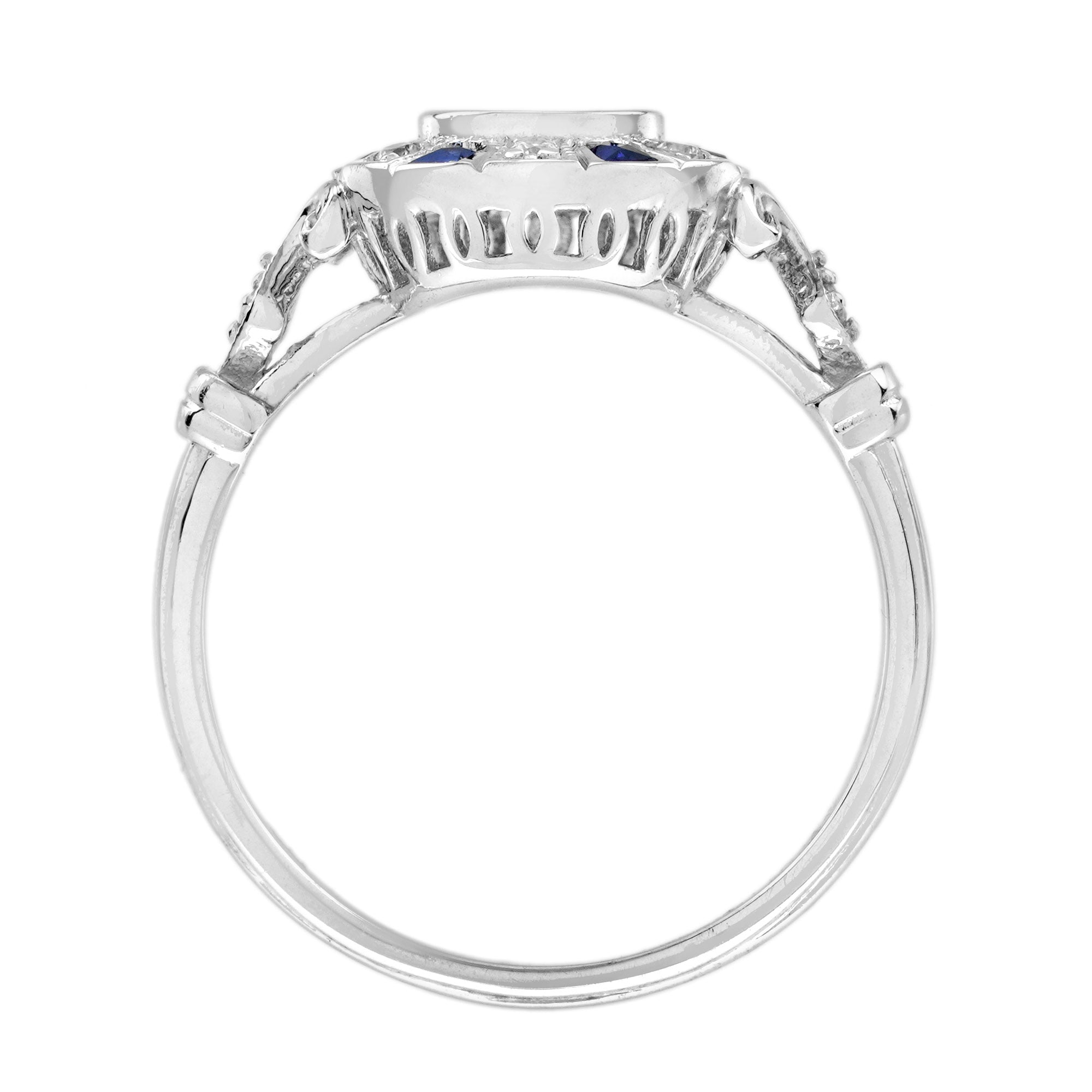 Diamond & Blue Sapphire Vintage Inspired Art Deco Style White Gold Ring