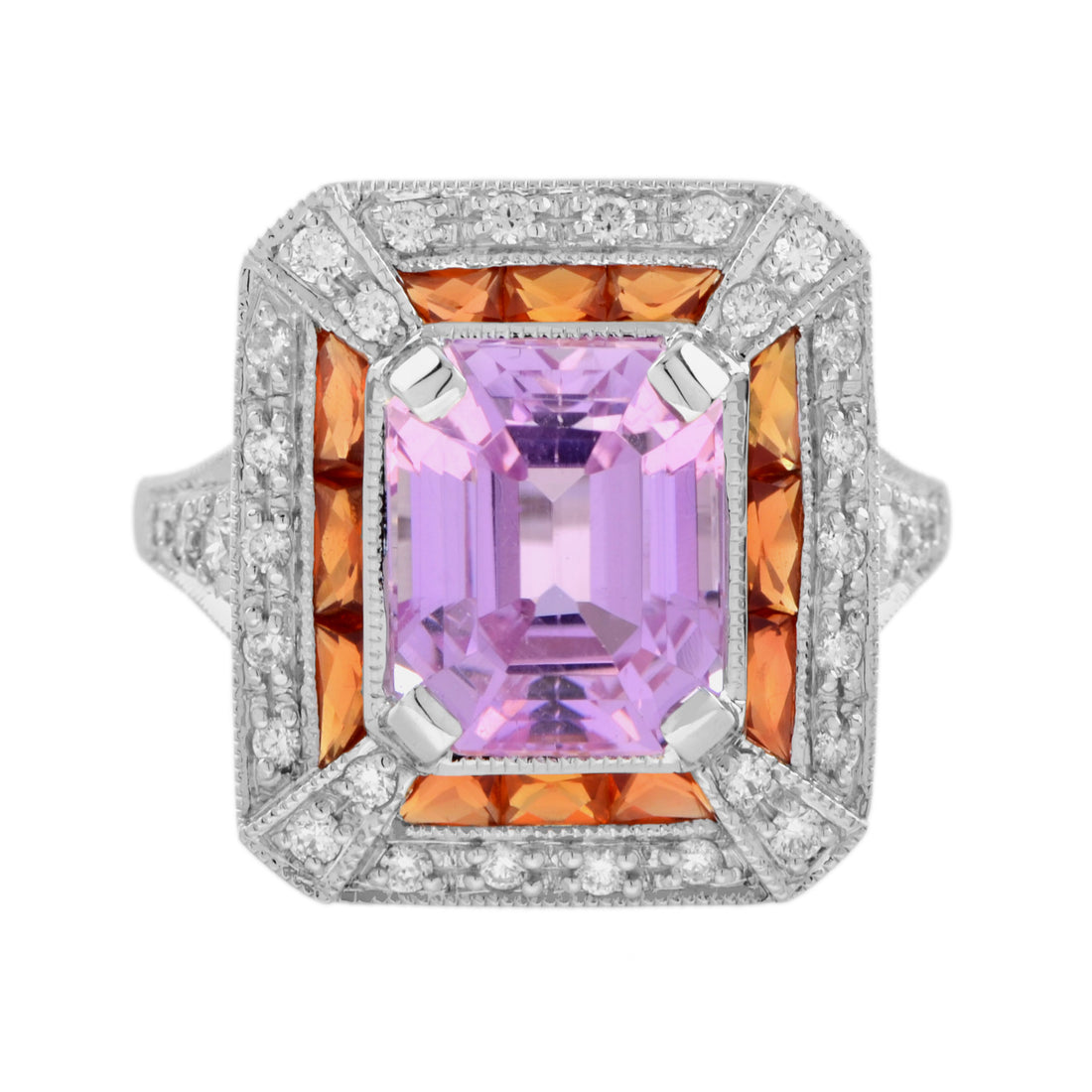 Emerald Shape Pink Kunzite Orange Sapphire & Diamond Art Deco Style Halo Ring