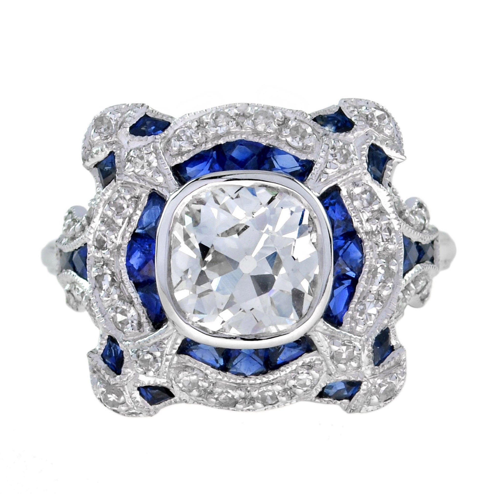 Art Deco Inspired Round GIA 1.52 Carat Diamonds & Blue Sapphire White Gold Ring