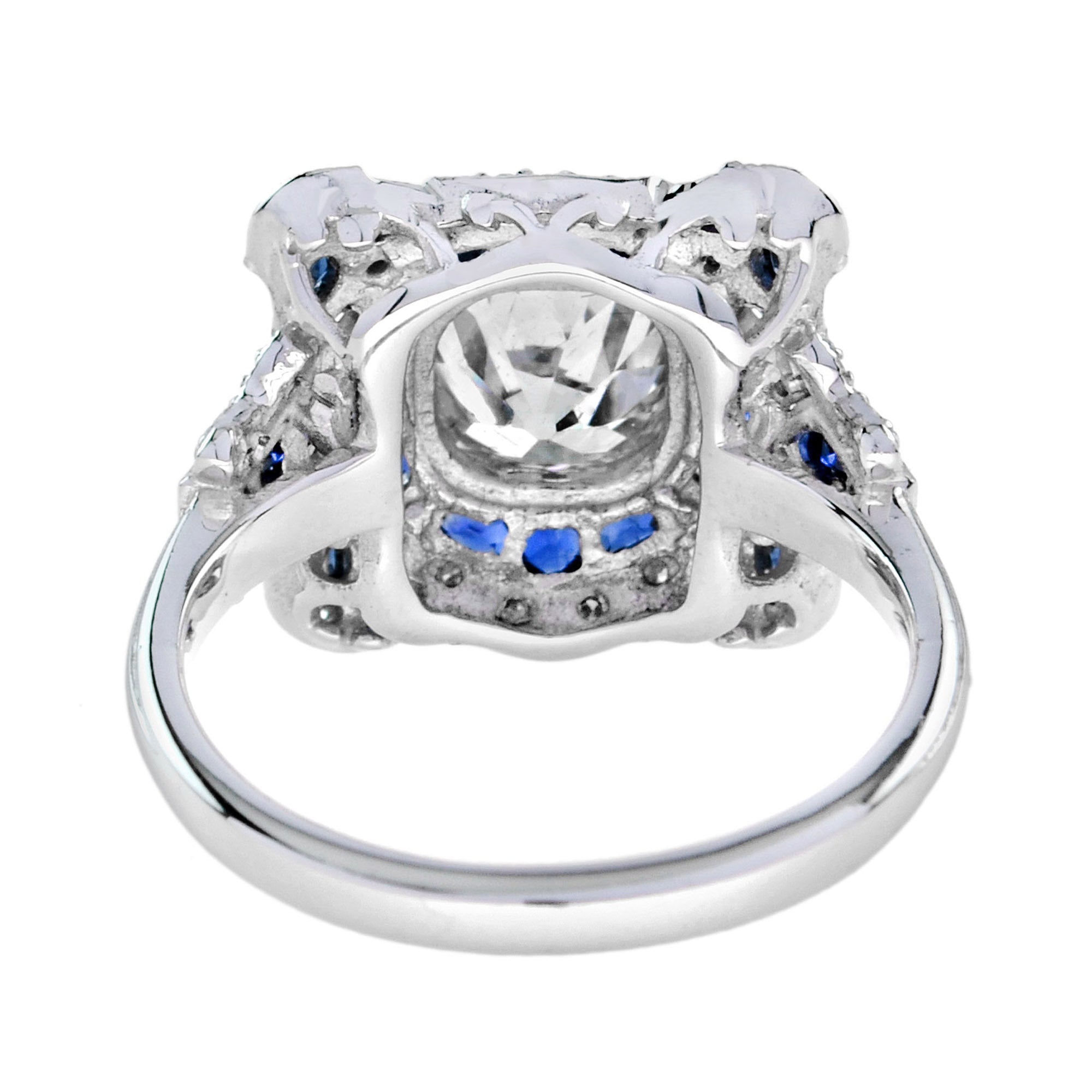 Art Deco Inspired Round GIA 1.52 Carat Diamonds & Blue Sapphire White Gold Ring