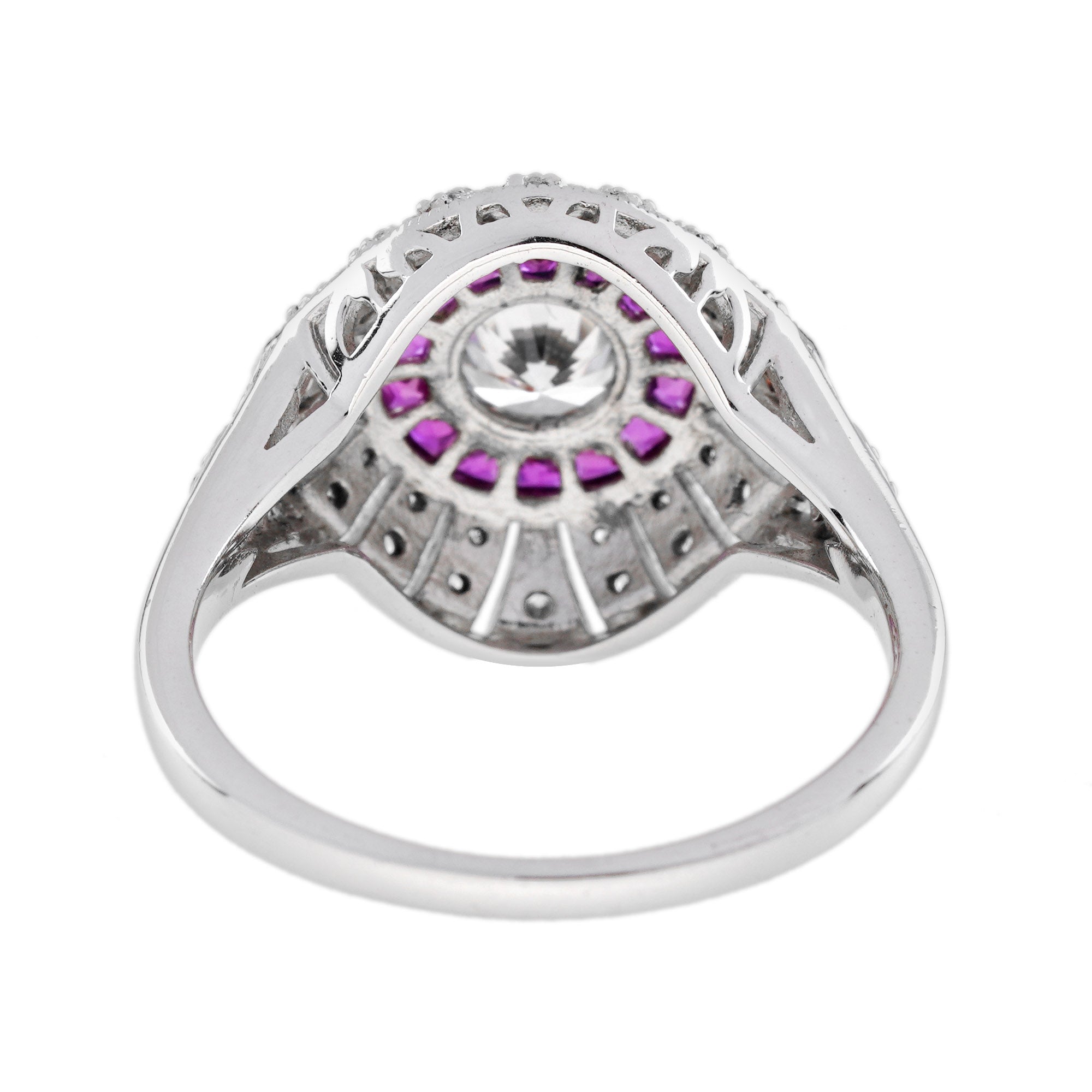 Diamond & Red Pink Ruby Edwardian Style Engagement 18K White Gold Ring