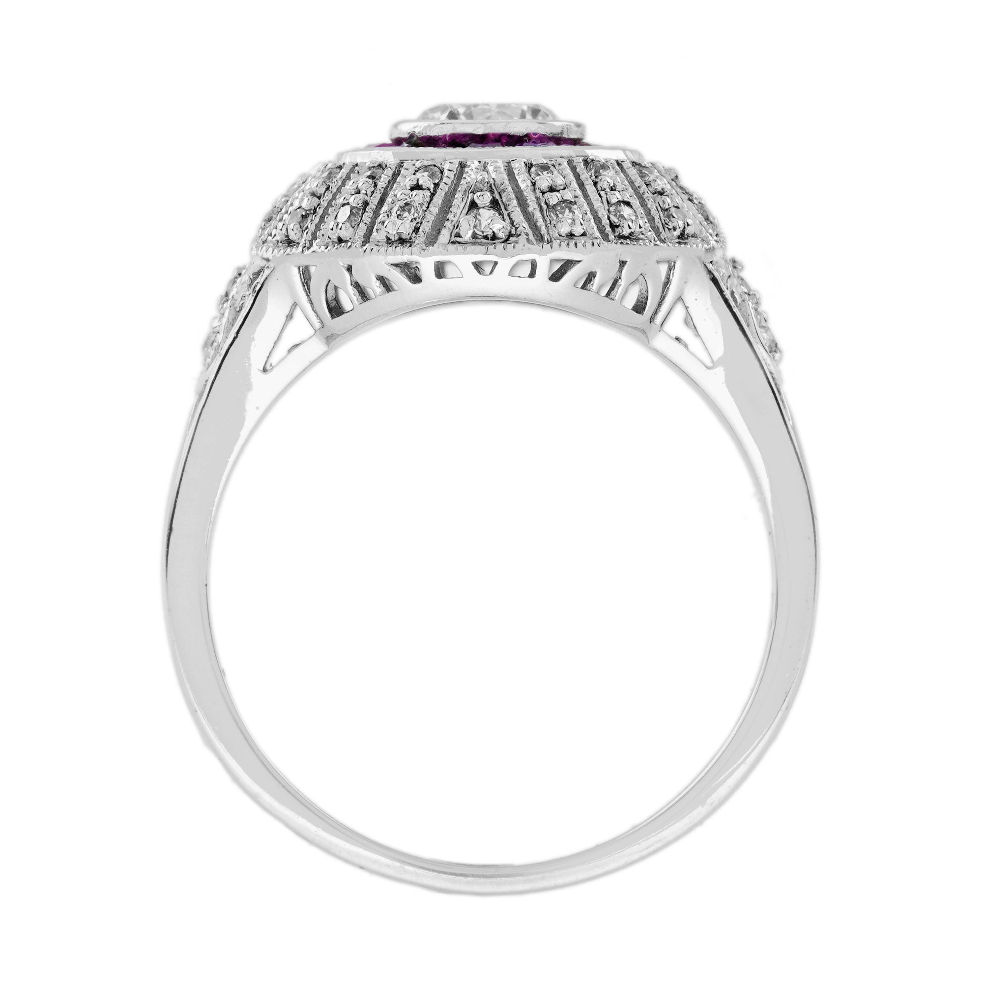 Diamond & Red Pink Ruby Edwardian Style Engagement 18K White Gold Ring