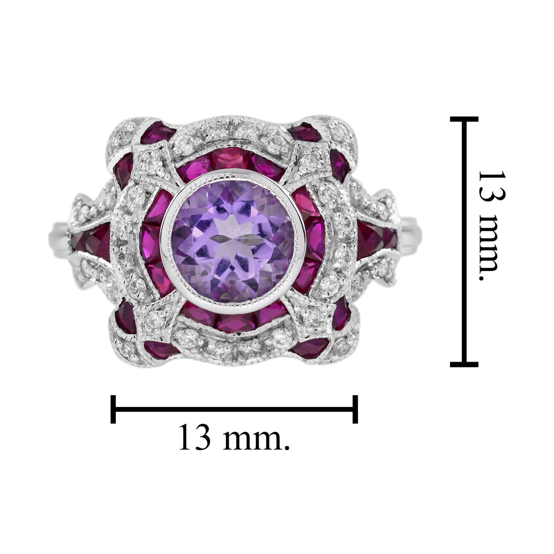 Violet Amethyst & Ruby Diamond Vintage Style Art Deco Style White Gold Ring