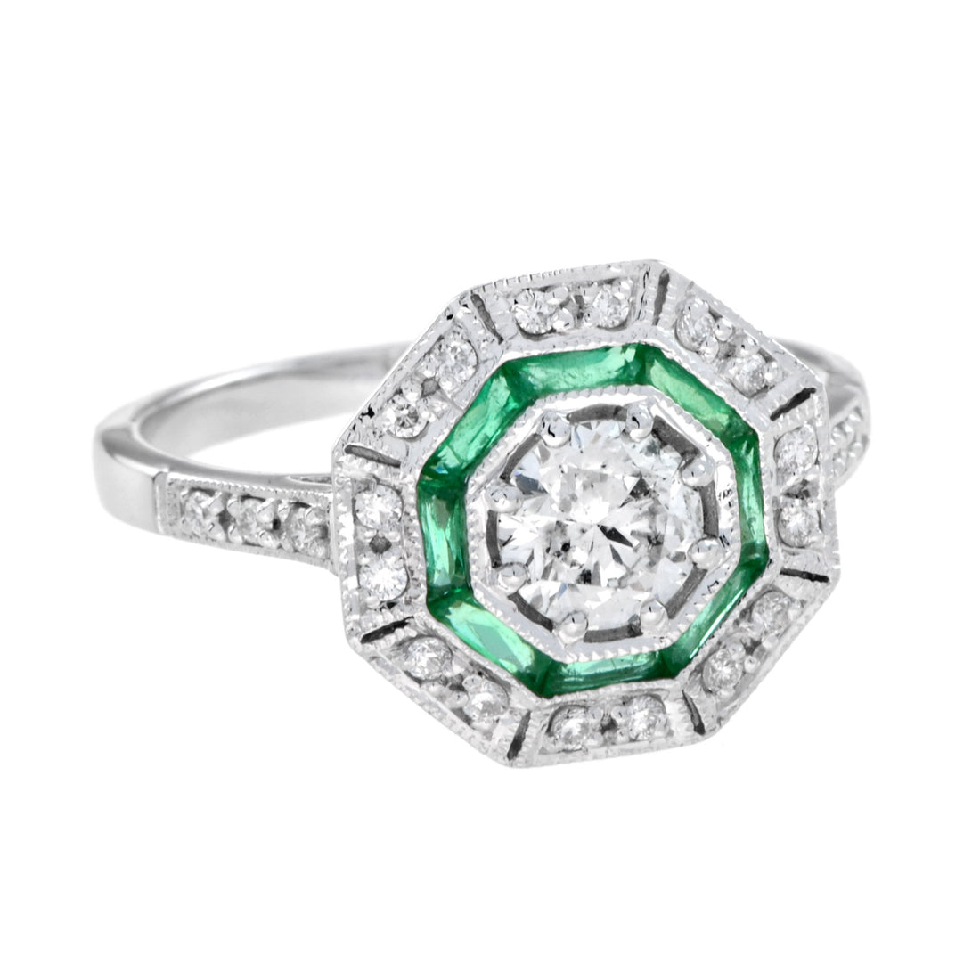 Round Diamond & Emerald Halo Set Octagonal Shape Art Deco Style White Gold Ring