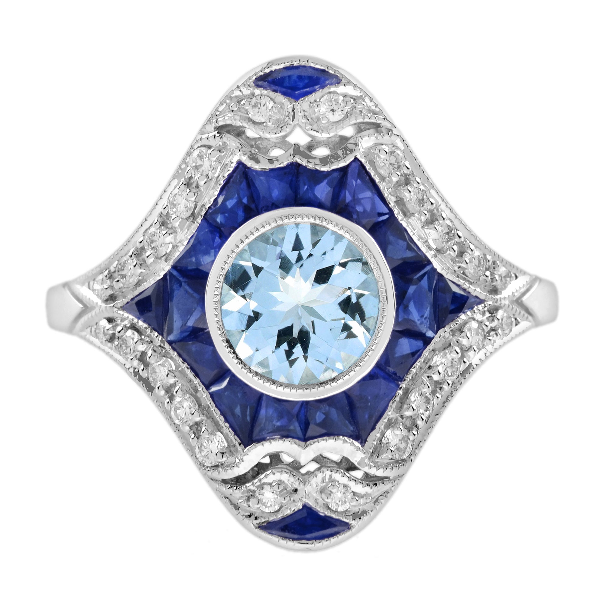 Aquamarine & Blue Sapphire and Diamond Art Deco Style Dinner 14K White Gold Ring
