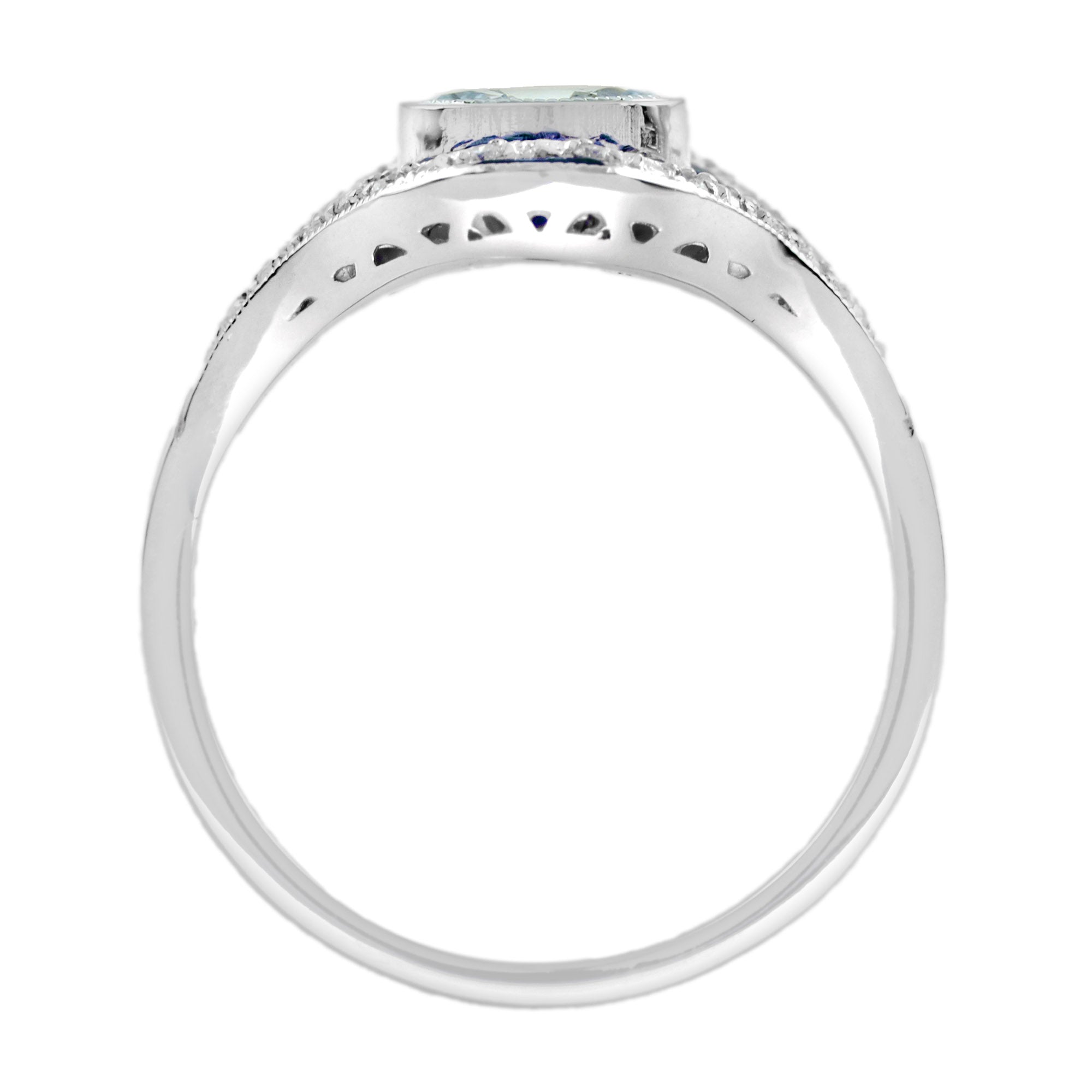 Aquamarine & Blue Sapphire and Diamond Art Deco Style Dinner 14K White Gold Ring