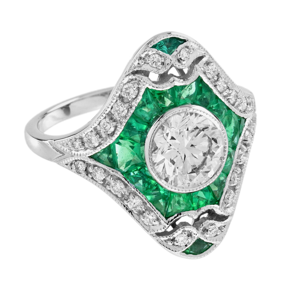 Diamond & Green Emerald Bezel Halo Set Art Deco Style Shield 18K White Gold Ring