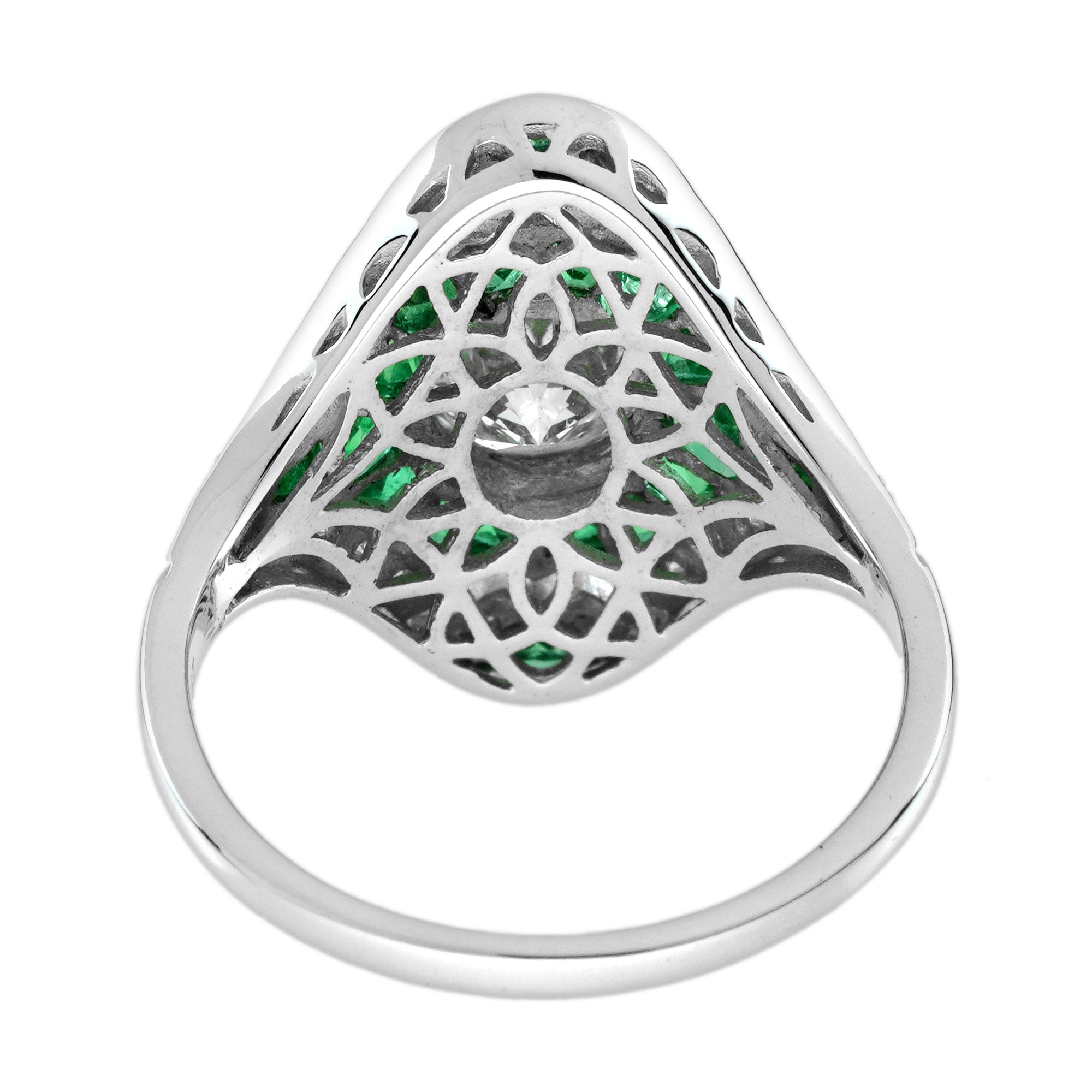 Diamond & Green Emerald Bezel Halo Set Art Deco Style Shield 18K White Gold Ring